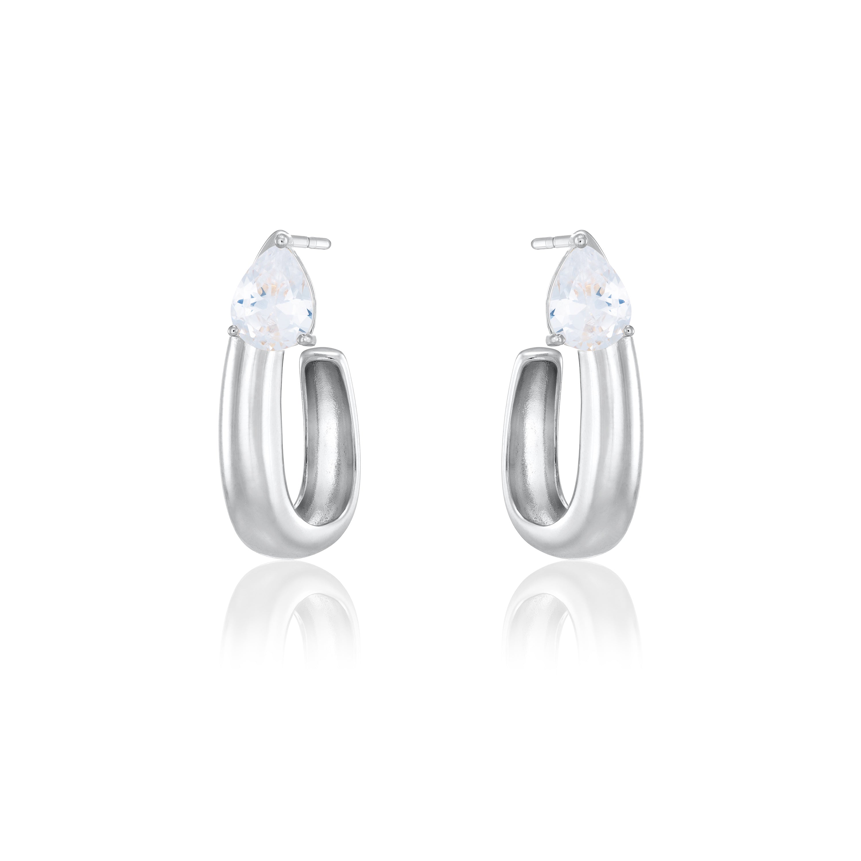 Big Teardrop U Shape Hoop Earrings - Silver White