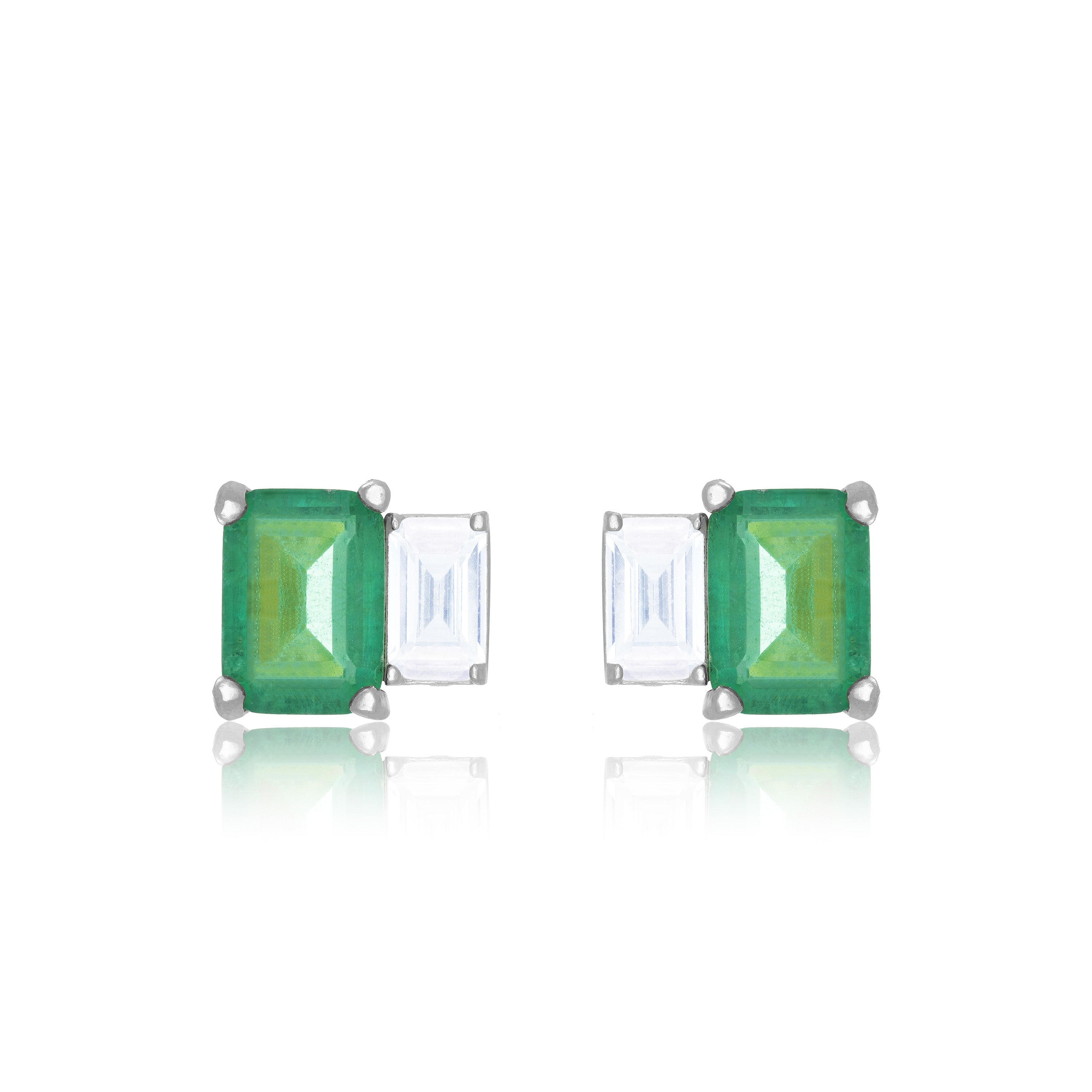 Cubic Zirconia Asymmetric Two Rectangle Stone Stud Earrings - Silver