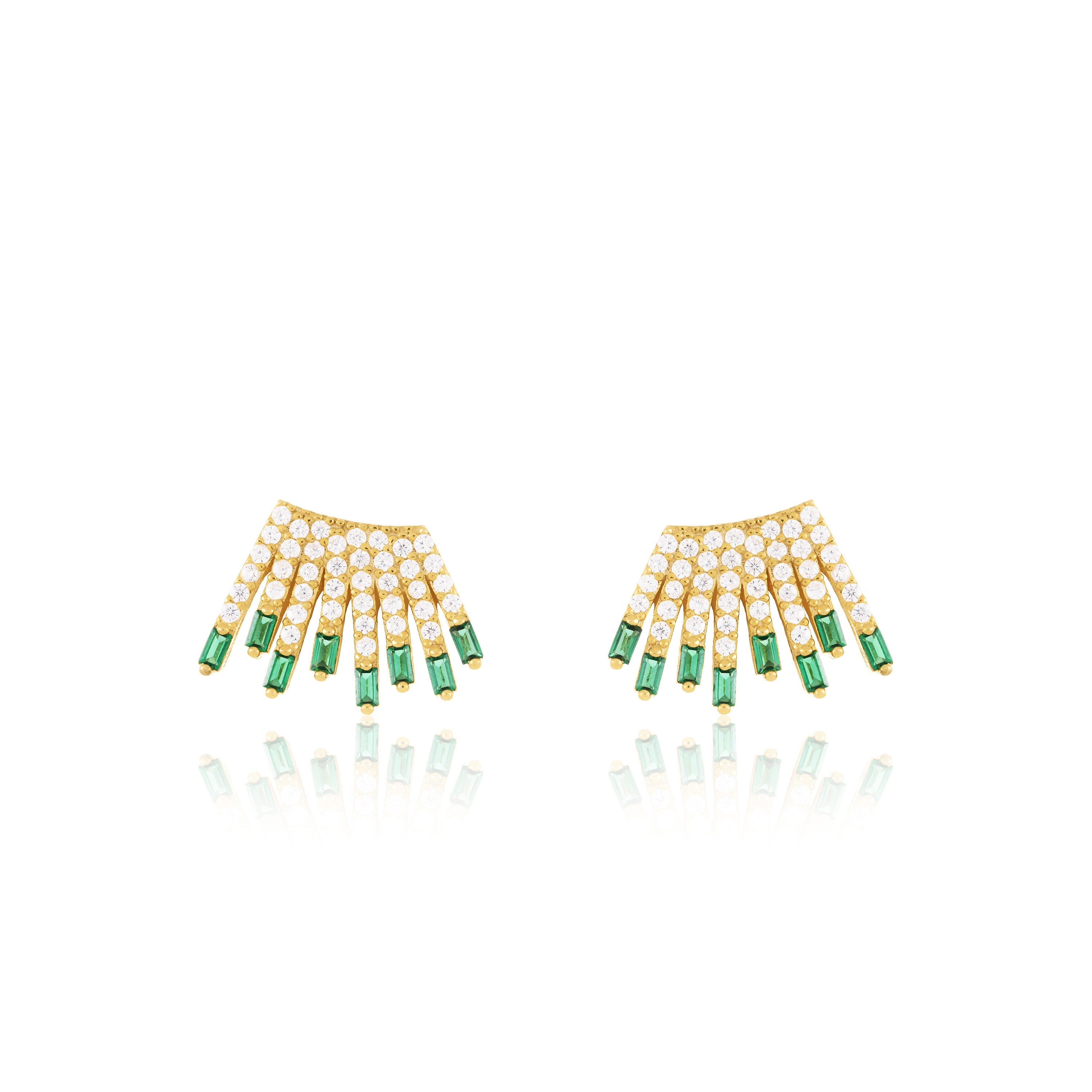 Cubic Zirconia Baguette Sun Rays Earrings - Gold Green And White - Small