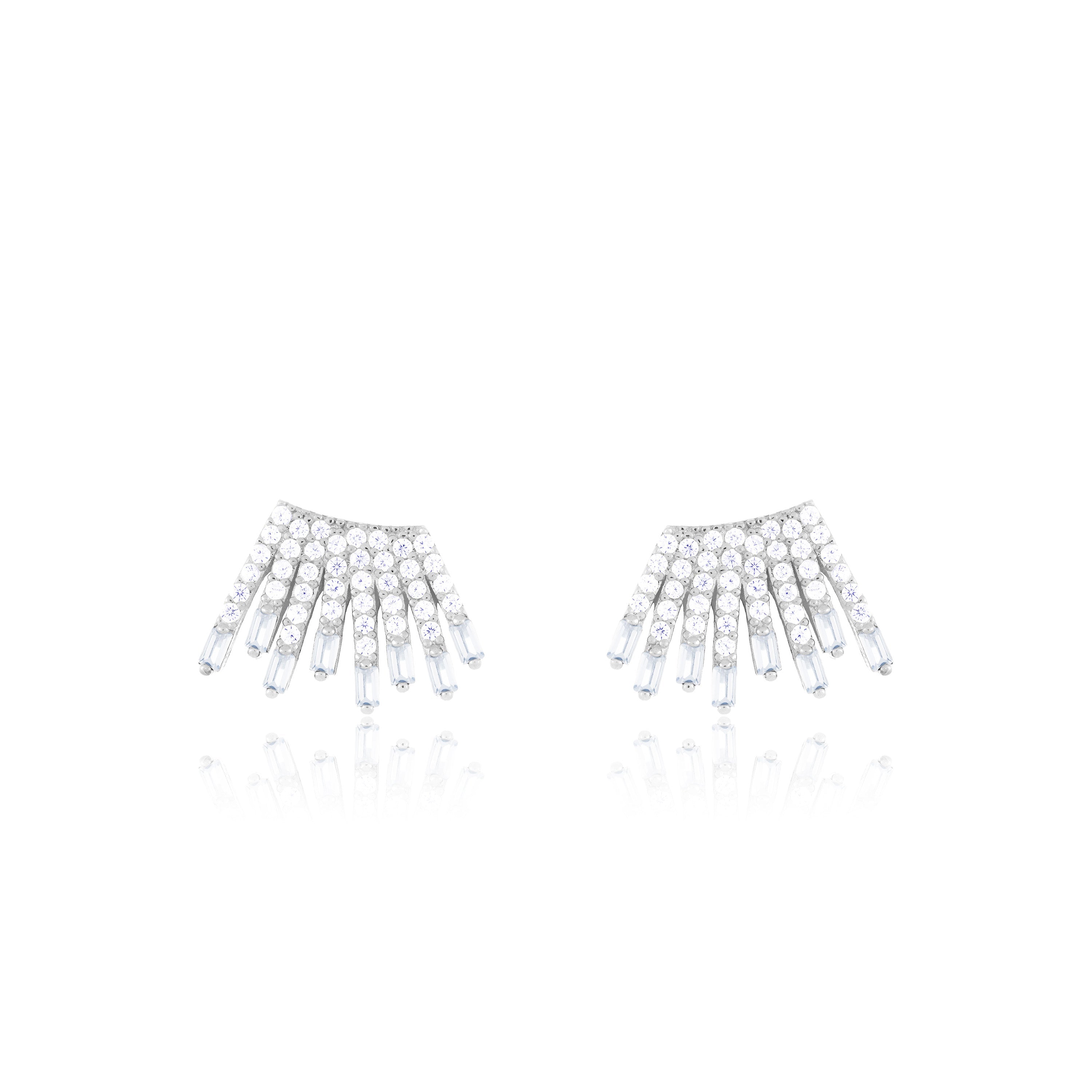 Cubic Zirconia Baguette Sun Rays Earrings - Silver White - Small