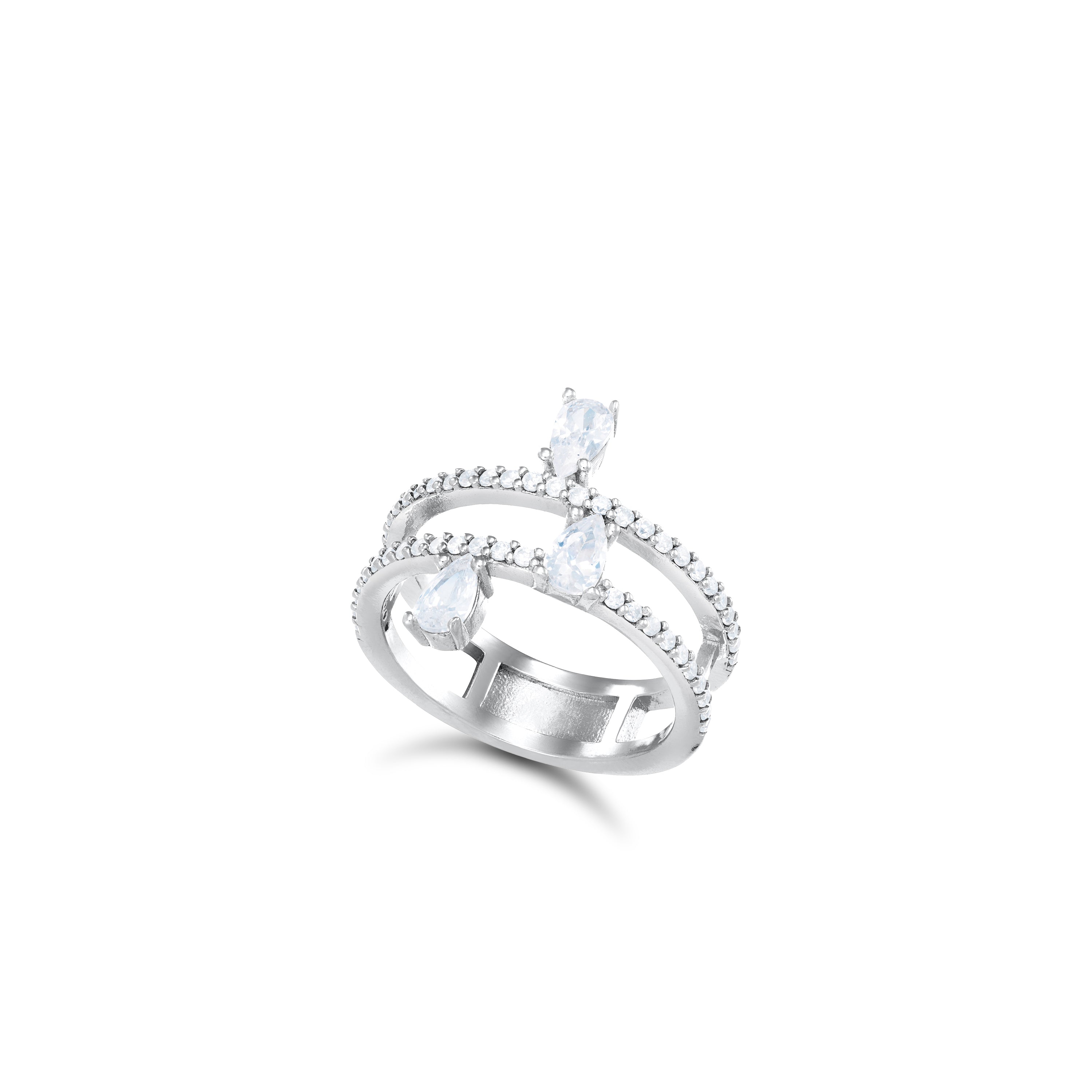 Cubic Zirconia Double Line Three Teardrops Ring - Silver White