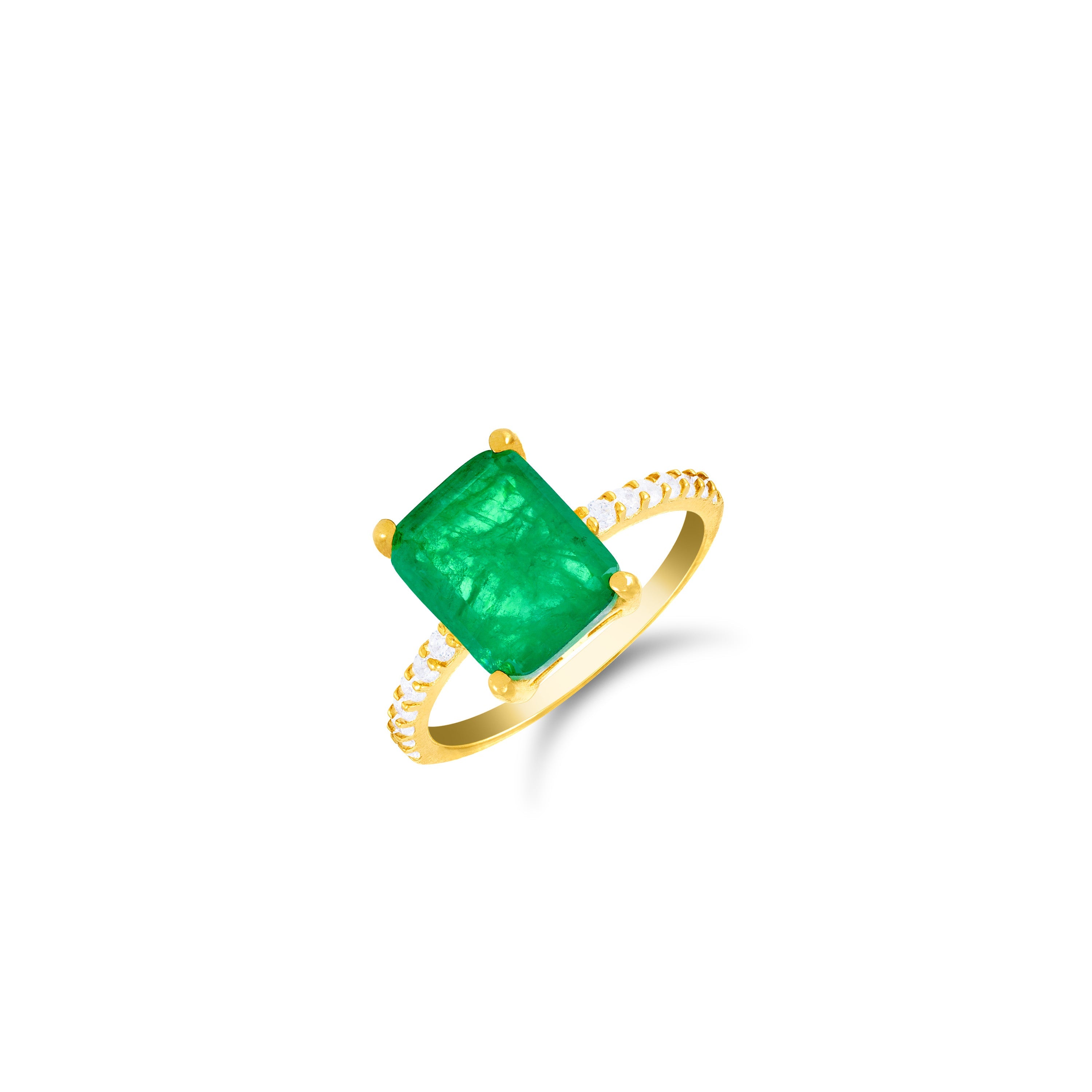 Cubic Zirconia Rectangle Stone Ring - Gold Green Matt And White