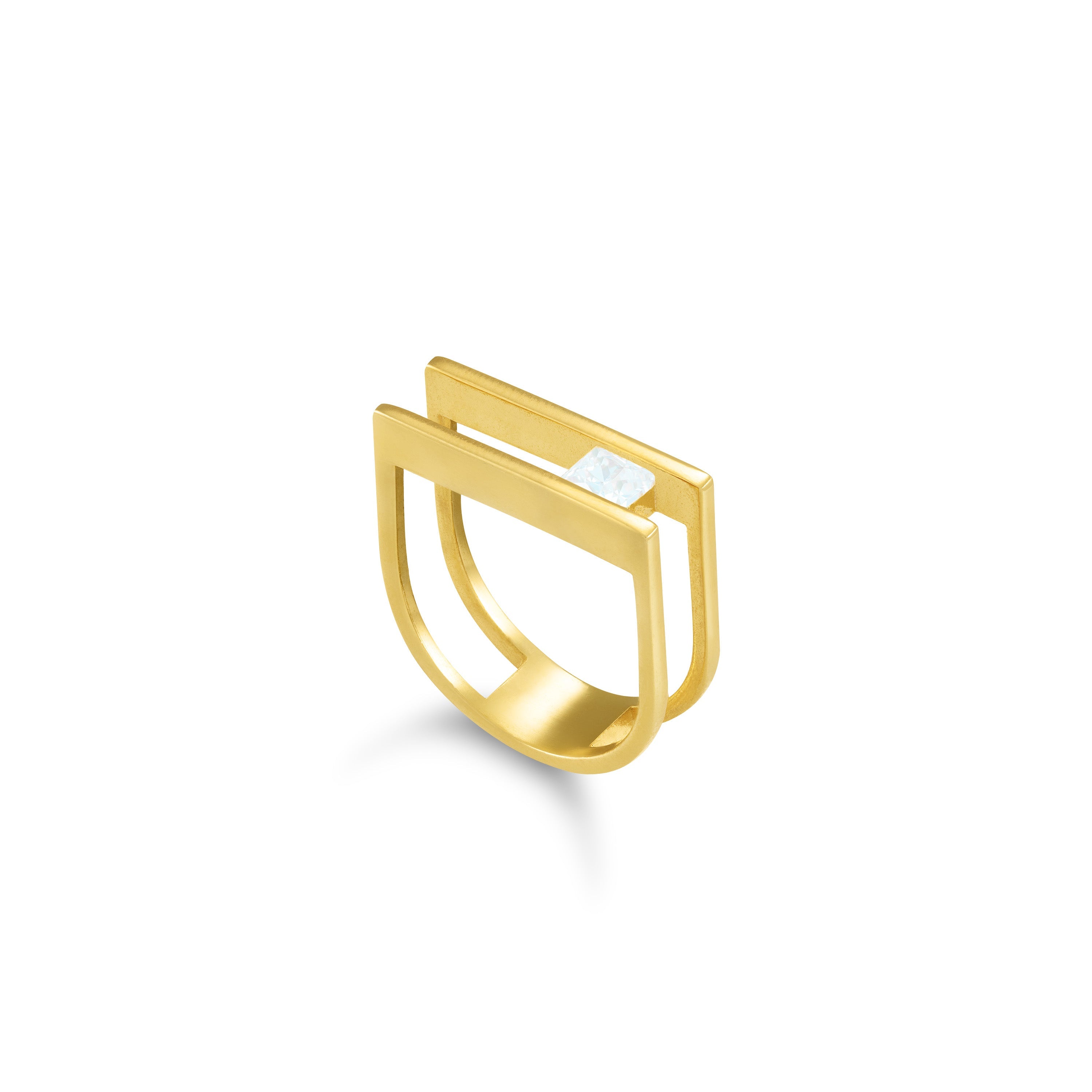 Cubic Zirconia Stone Double Bar Ring - Gold White - One Square Stone