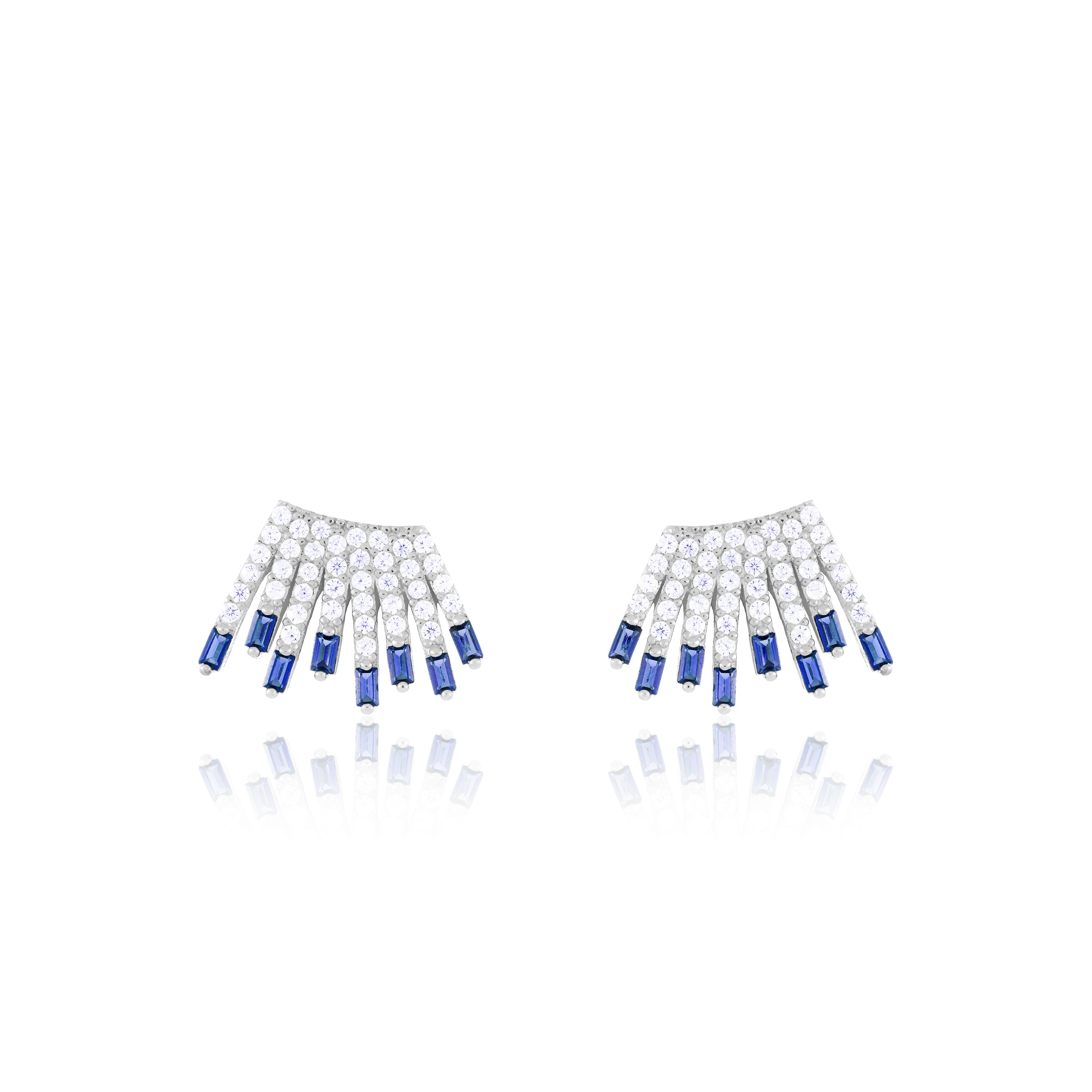 Cubic Zirconia Baguette Sun Rays Earrings - Silver Navy Blue - Small