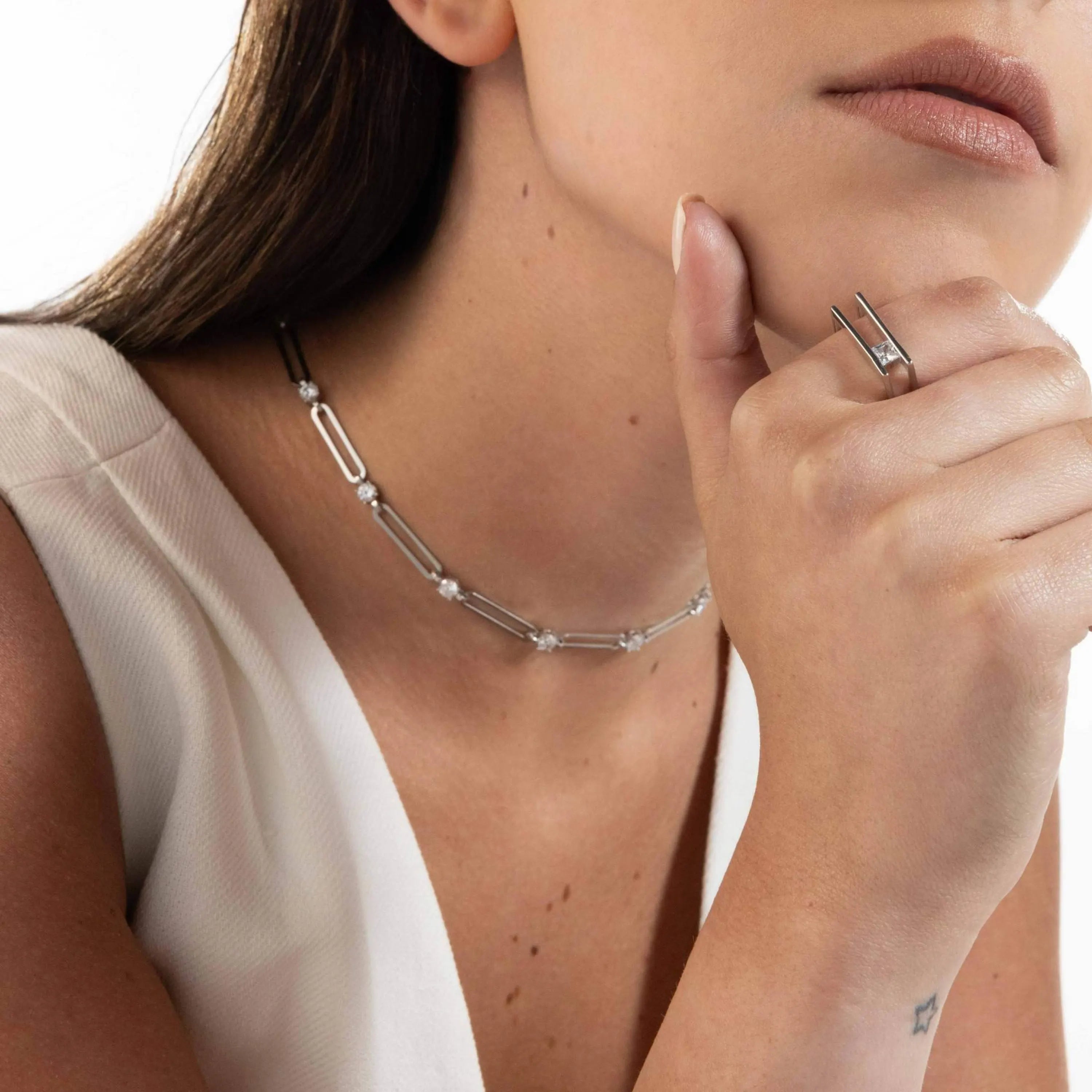 Cubic Zirconia Stone Double Bar Ring - Silver White - One Square Stone