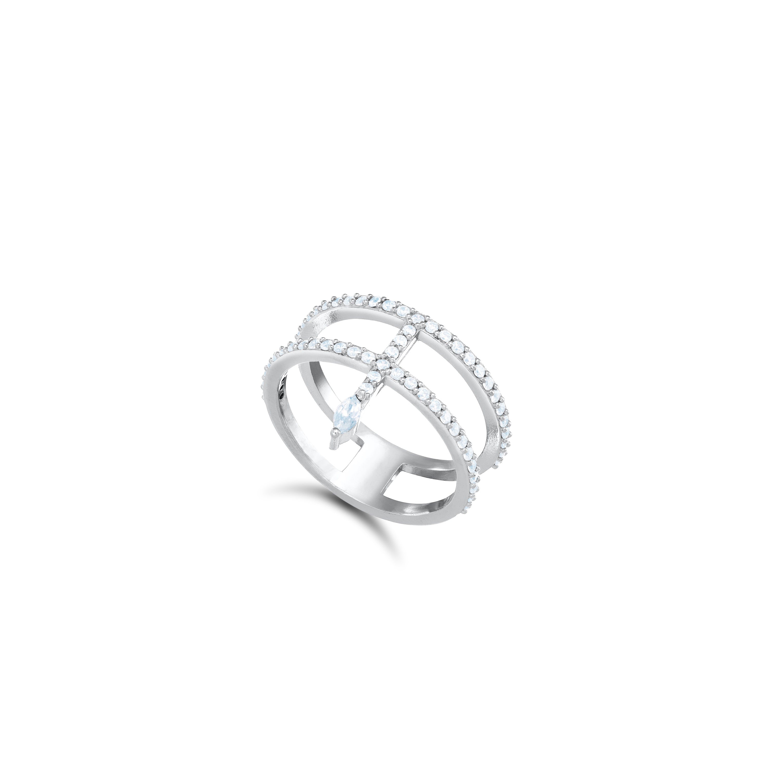Double Line CZ With Thin Line Marquise Ring - Silver White
