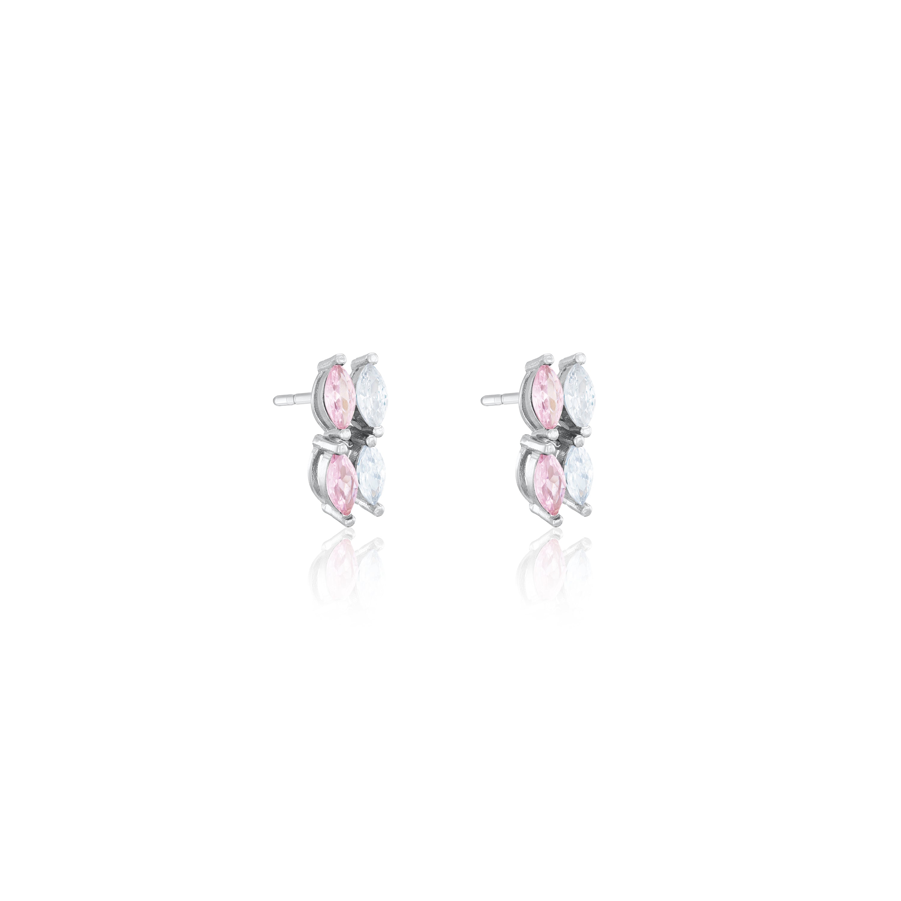 Double Marquise Line Stud Earrings - Silver Light Pink And White