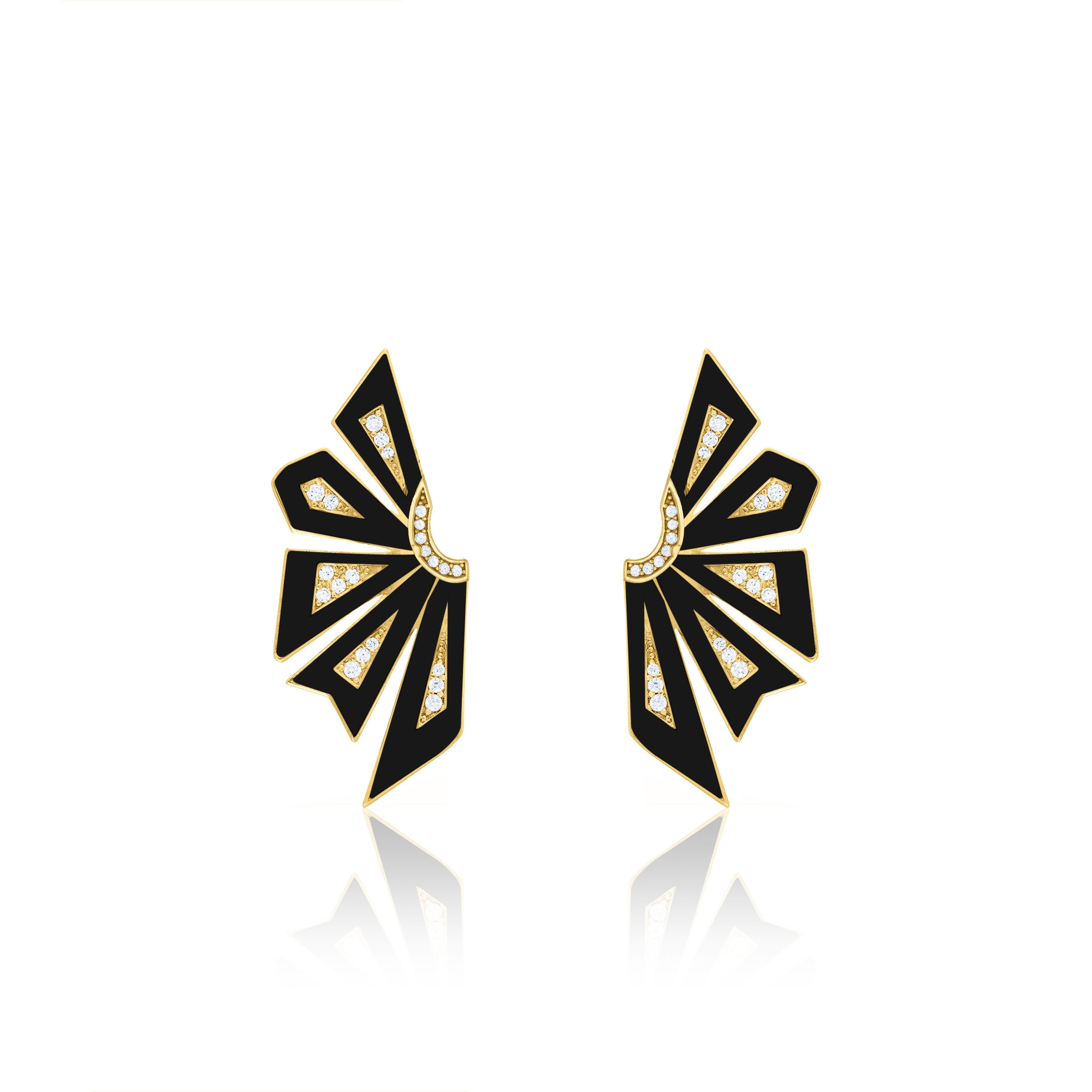 Enamel Half Flower With Side Cubic Zirconia Earrings - Gold Black