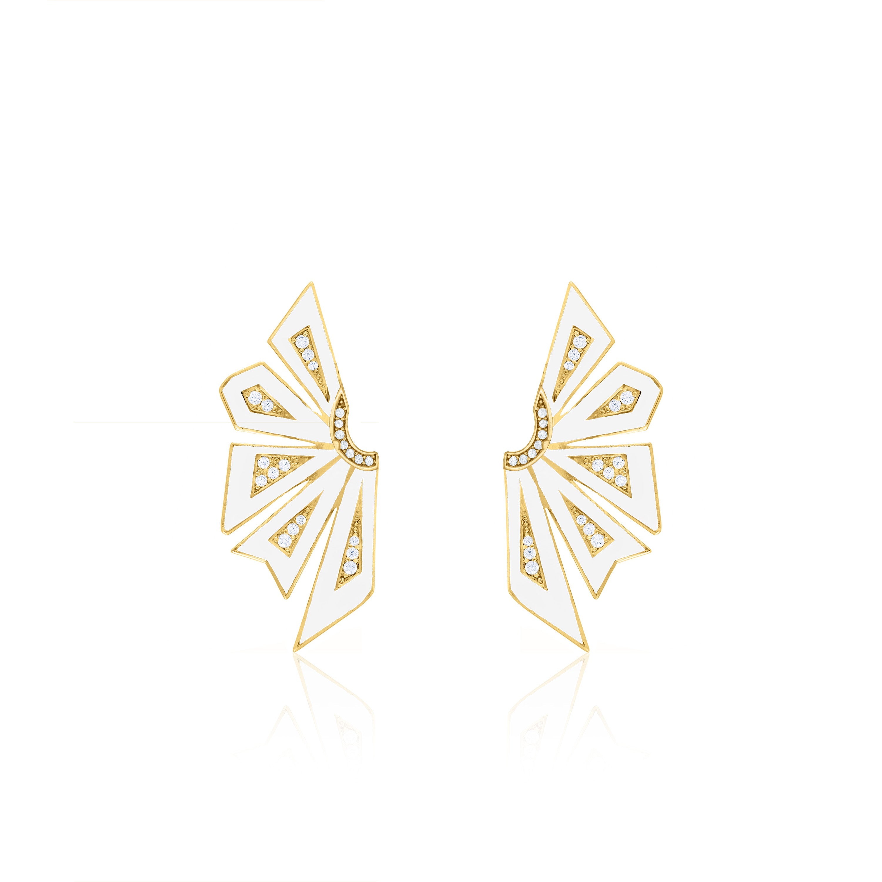 Enamel Half Flower With Side Cubic Zirconia Earrings - Gold White