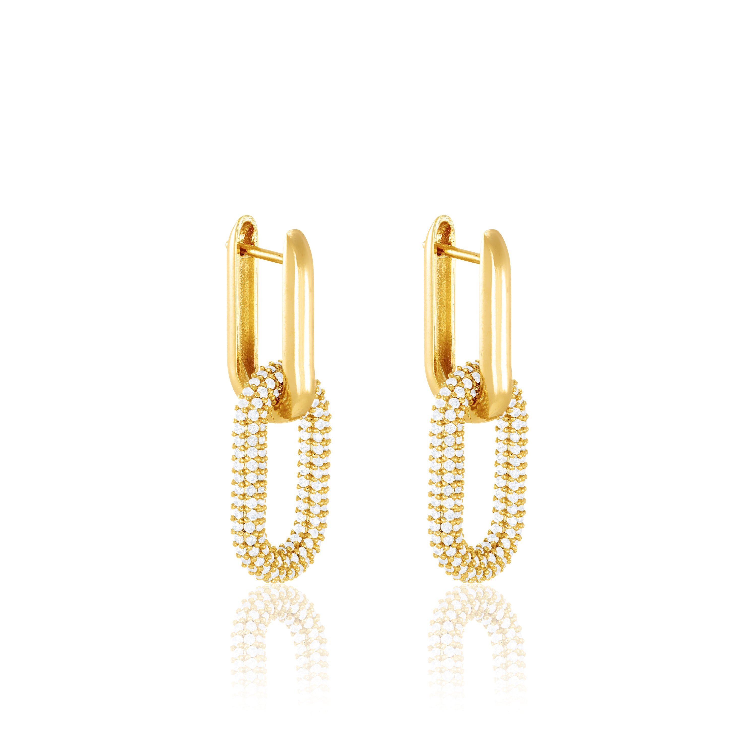 Full Pave Paperclip dangling Hoop Earrings - Gold White