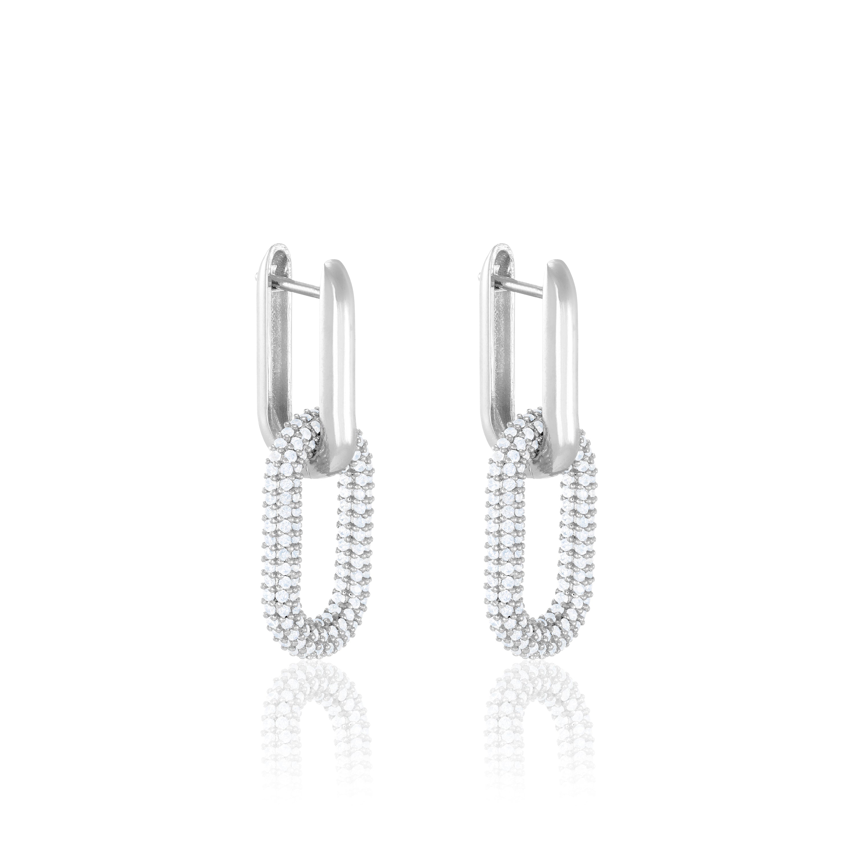 Full Pave Paperclip dangling Hoop Earrings - Silver White