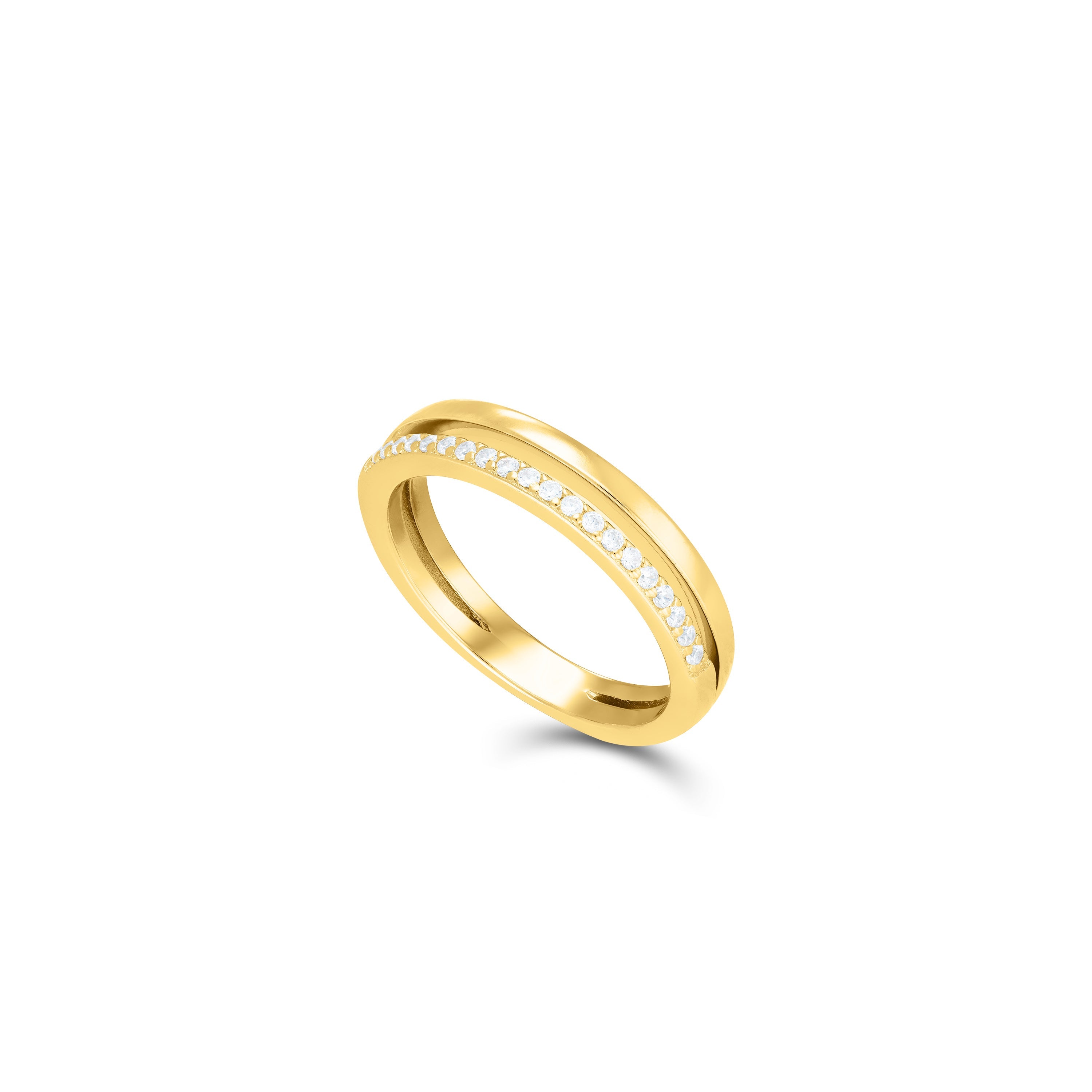 Half Plain Half Cubic Zirconia Double Line Ring - Gold White