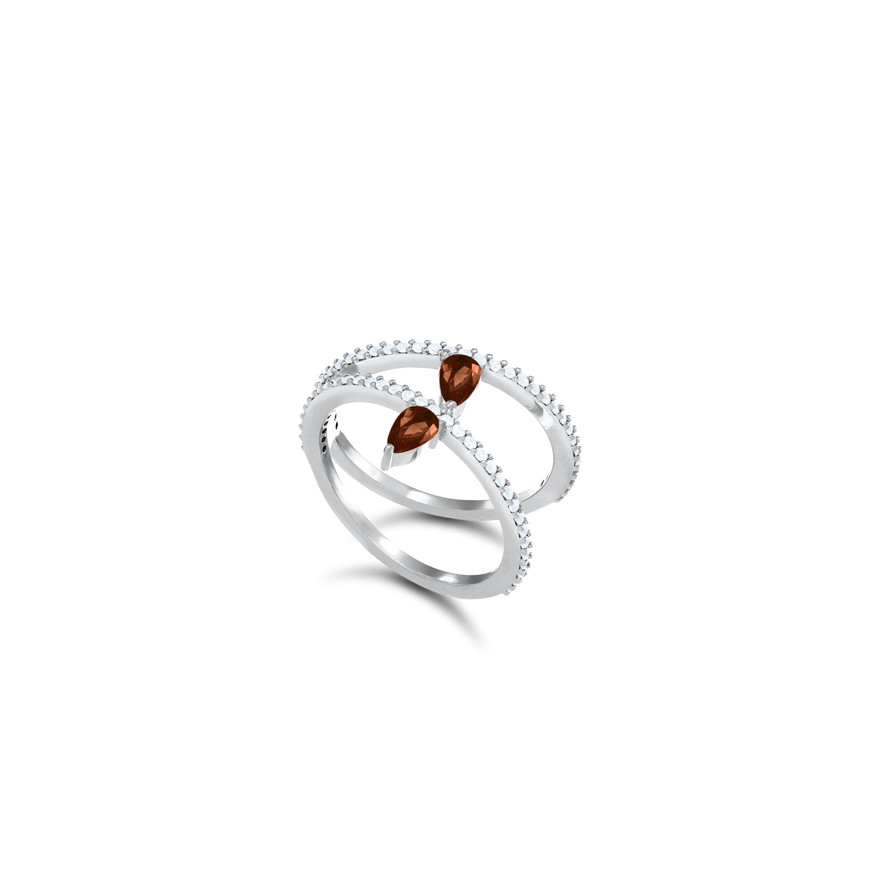 Inclined Two Line Teardops Ring - Silver Brown And White