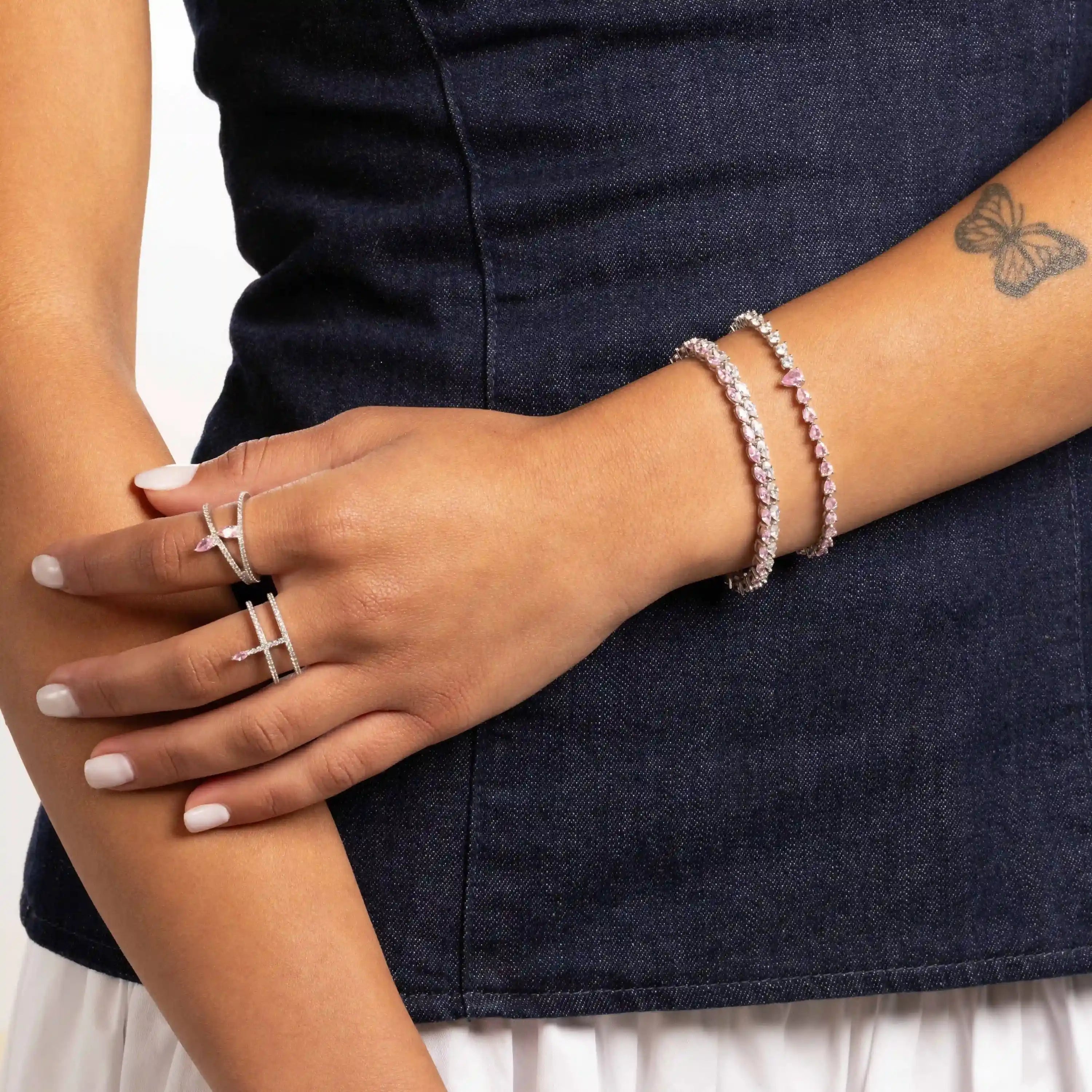 Inclined Two Line Teardops Ring - Silver Light Pink And White