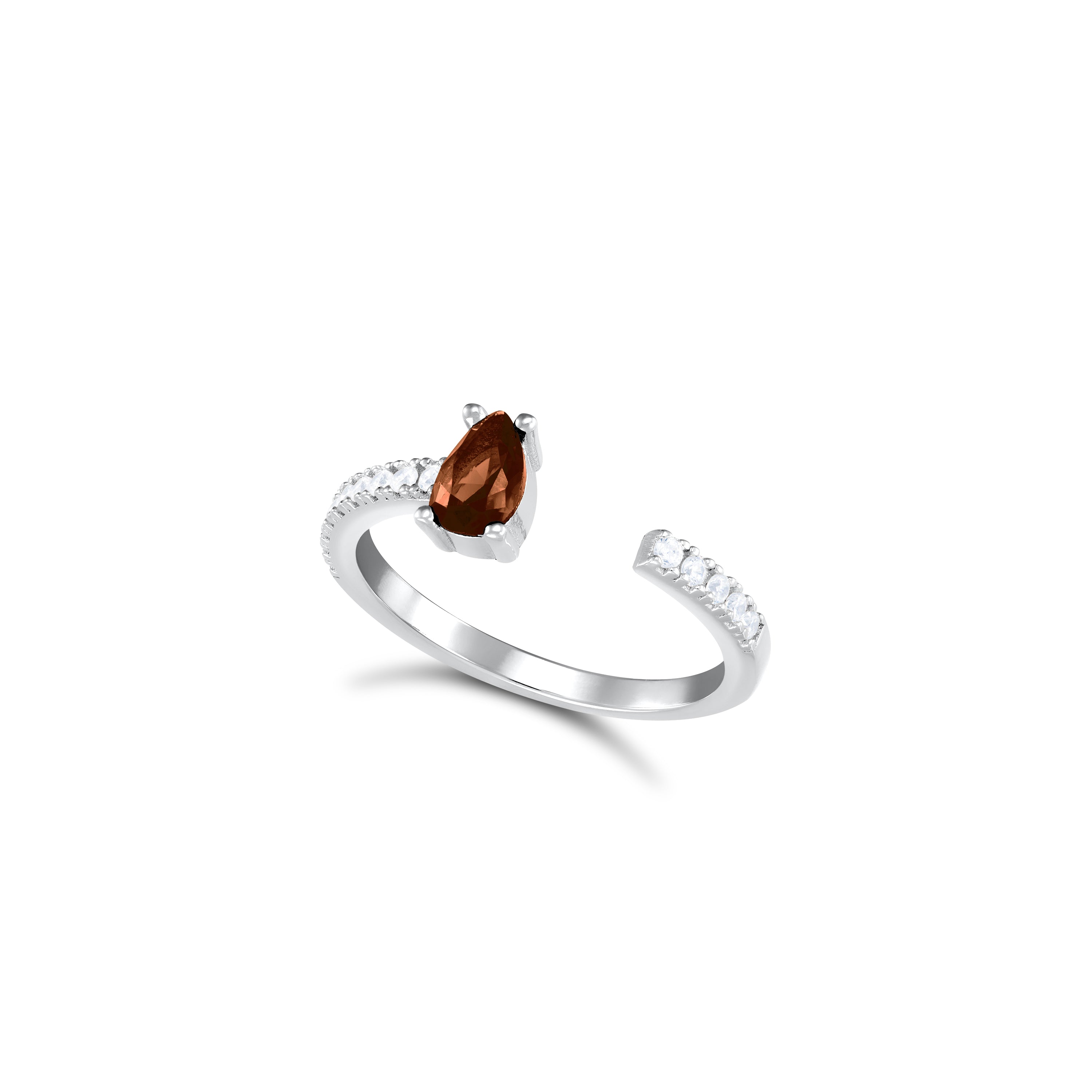 One Side Teardrop One Side Line CZ Ring - Silver Brown And White