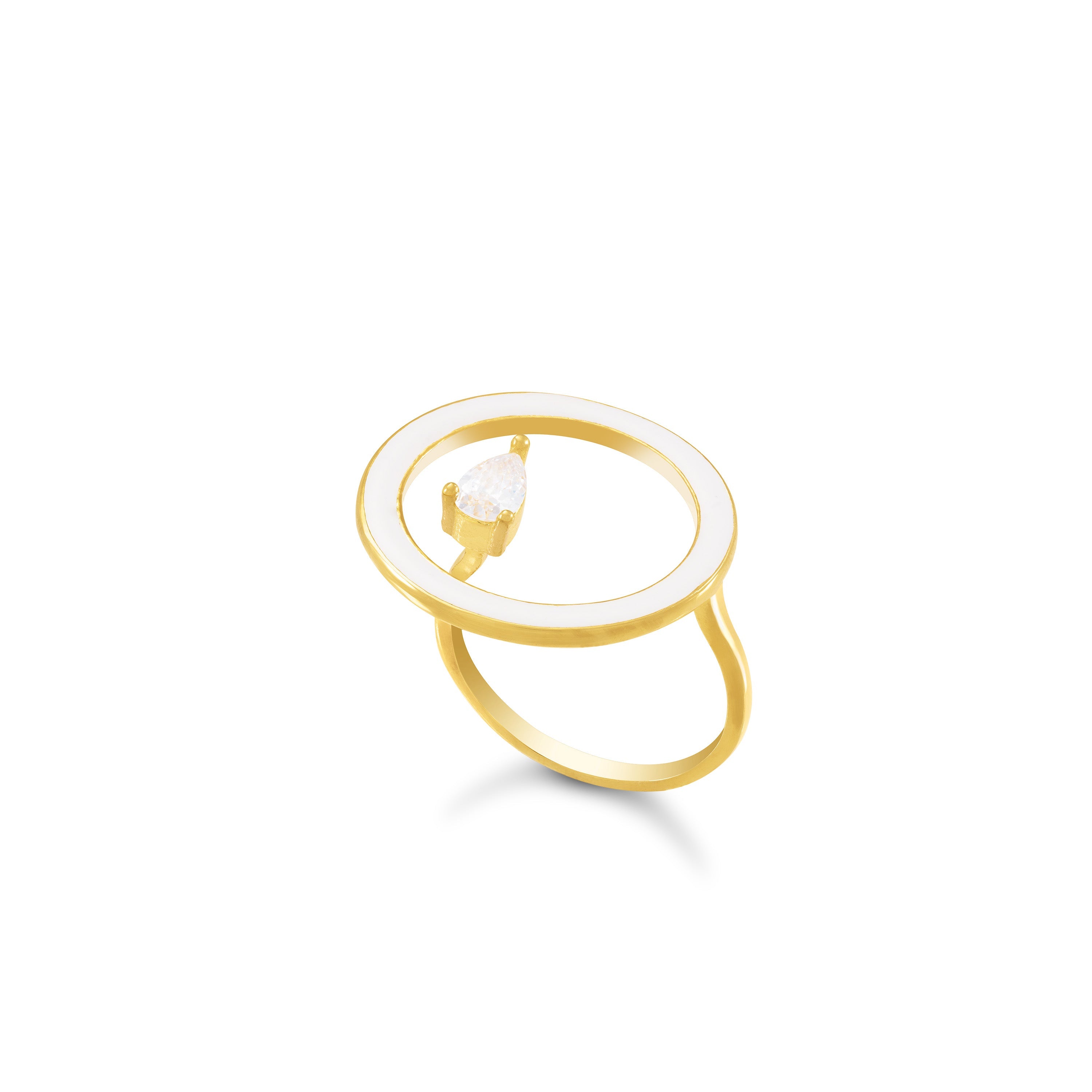Open Enamel Circle Ring With One Teardrop - Gold White