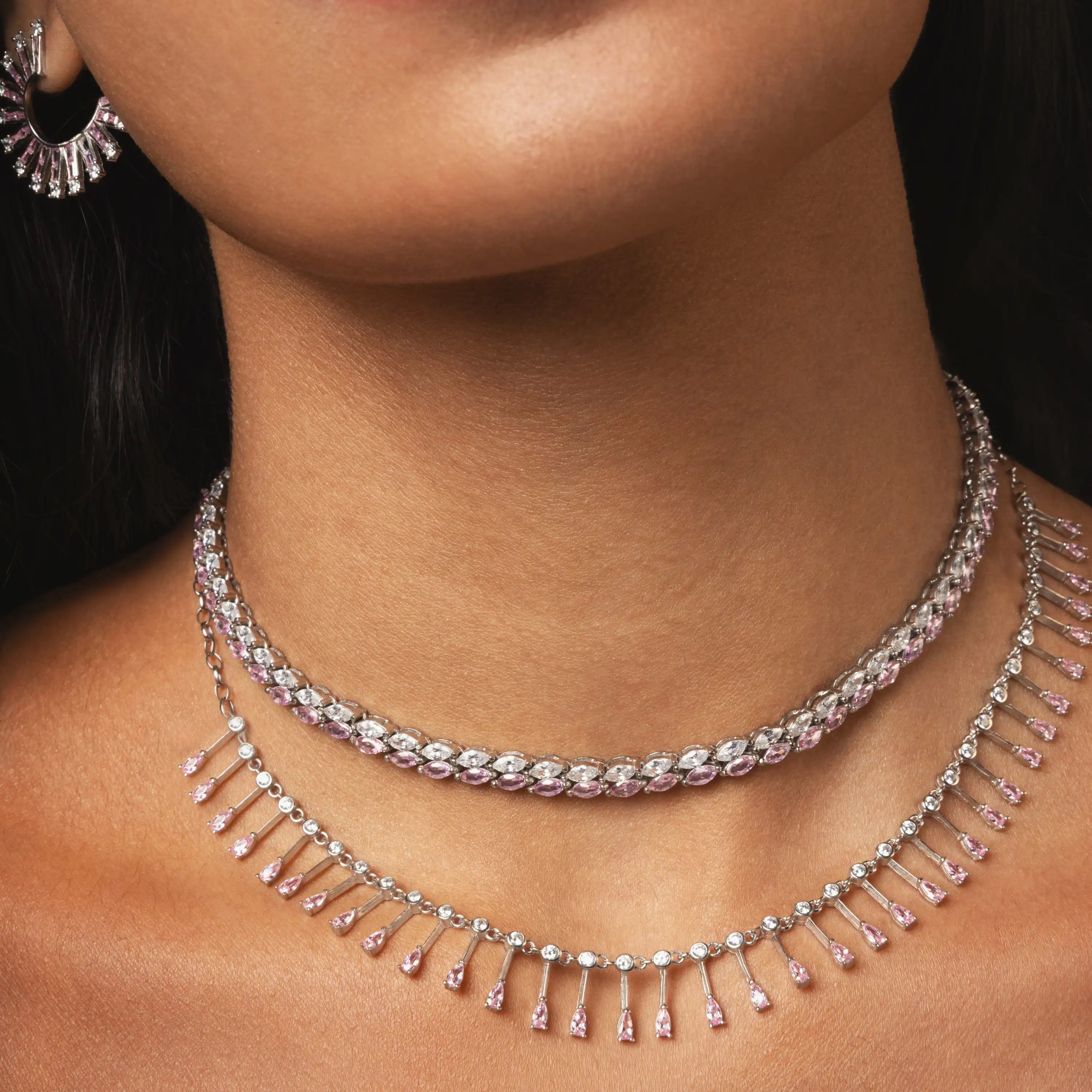 Teardrop Fringe Necklace - Silver Light Pink And White