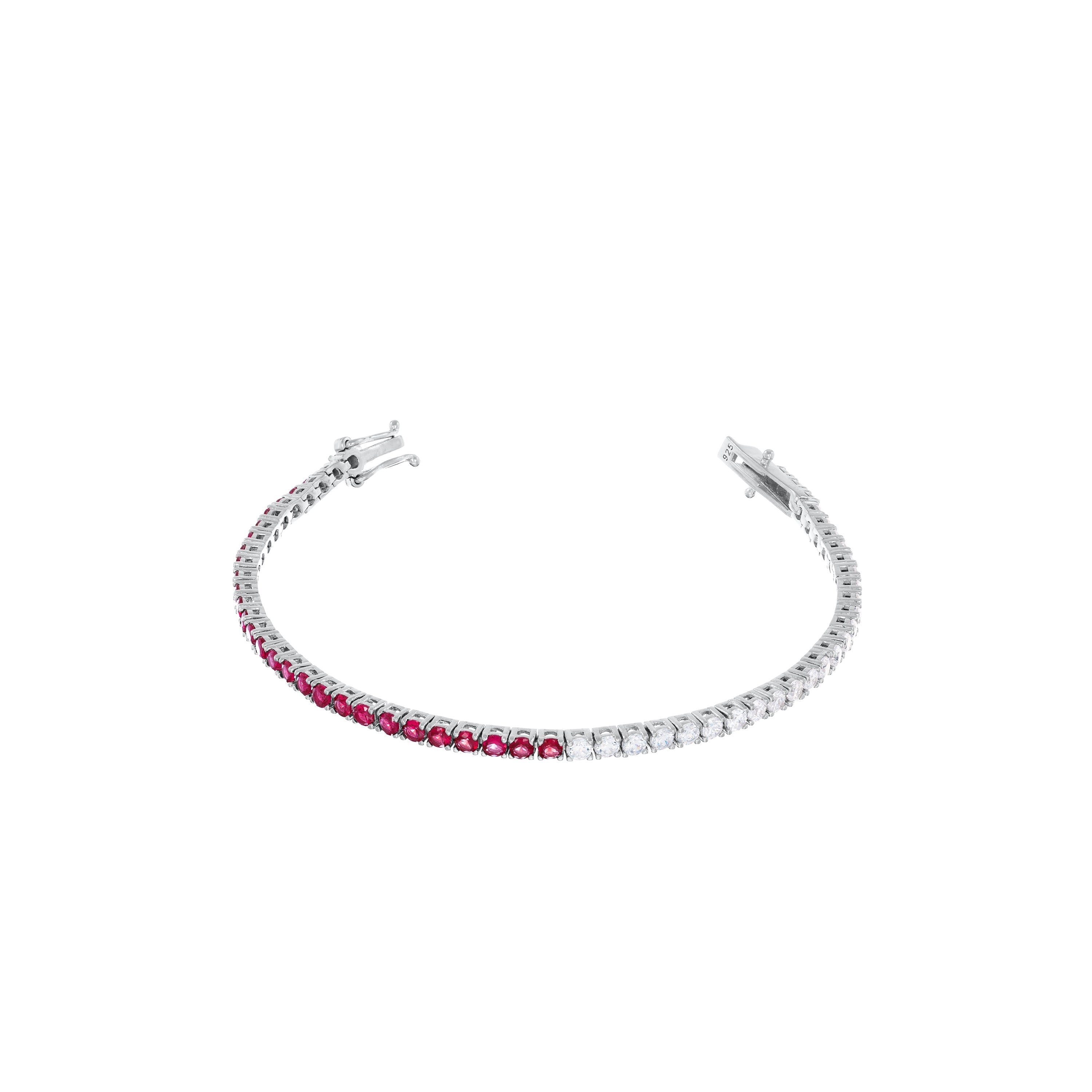 Tennis Bracelet With Box Clasp - Silver Half Ruby Half White - 3mm