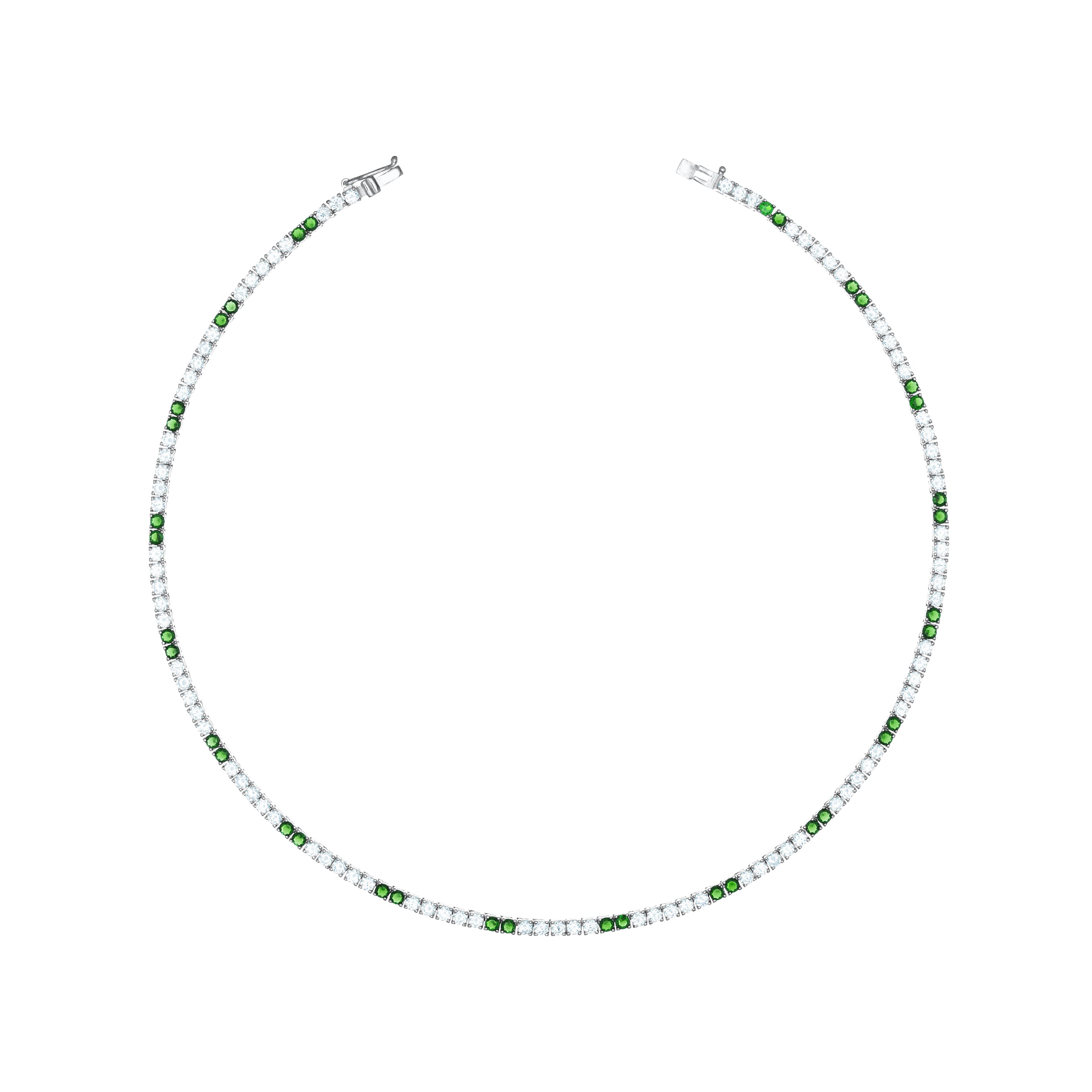 Tennis Necklace With Box Clasp - Silver Two Dots Green And White - 2.5mm