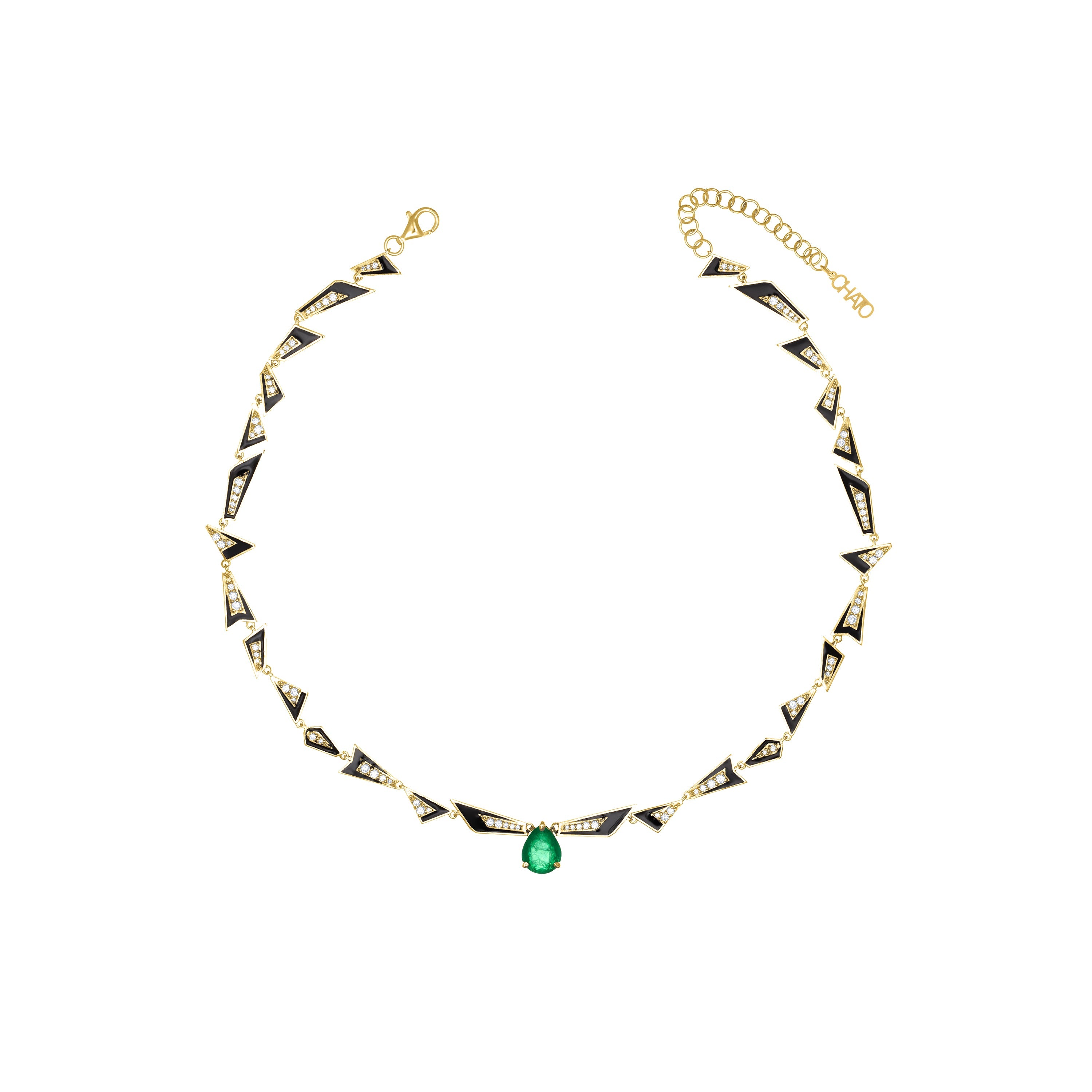 Uneven Geometric Enamel And CZ Teardrop Necklace - Gold Green And White