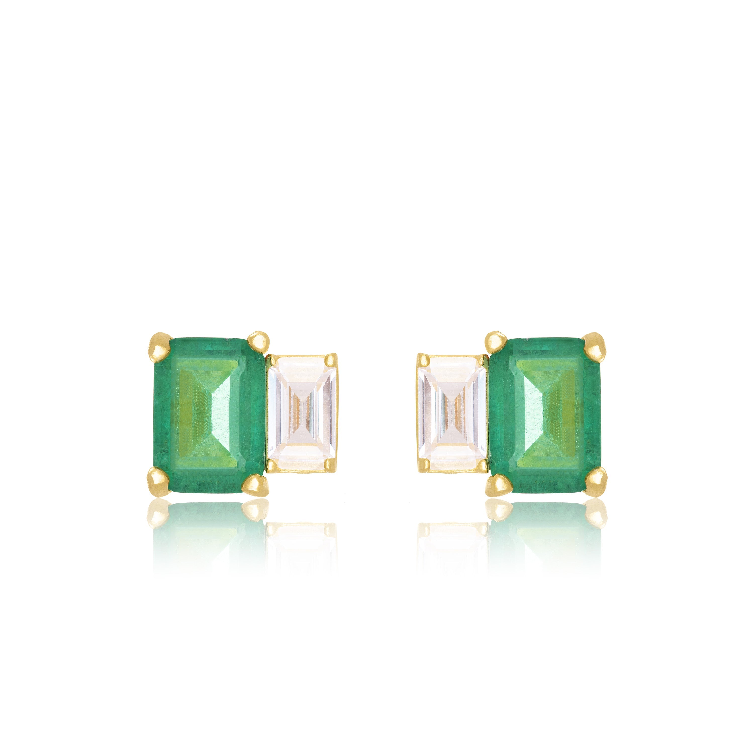 Cubic Zirconia Asymmetric Two Rectangle Stone Stud Earrings - Gold