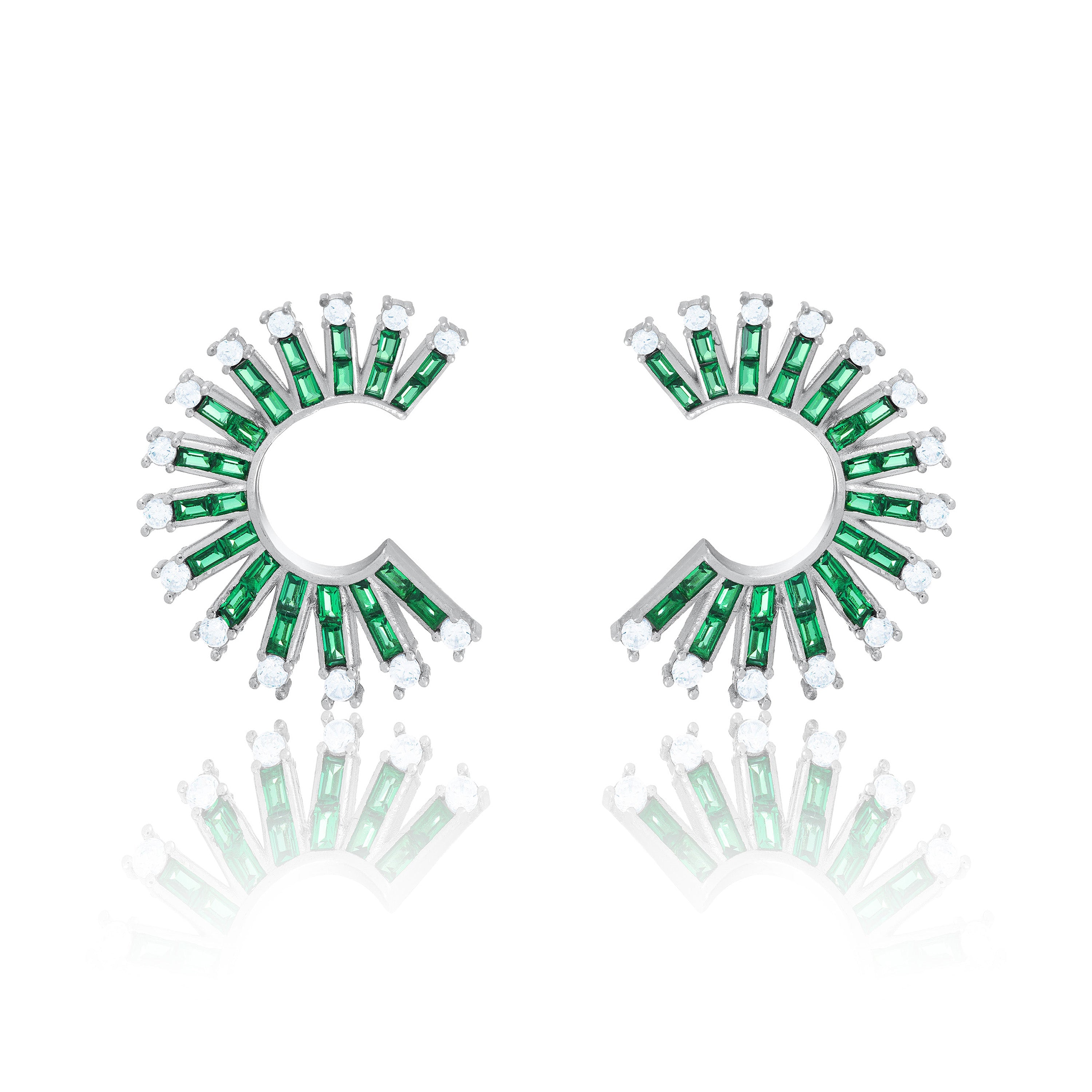 Cubic Zirconia Baguette Sun Rays C Shape Earrings - Silver Green And White