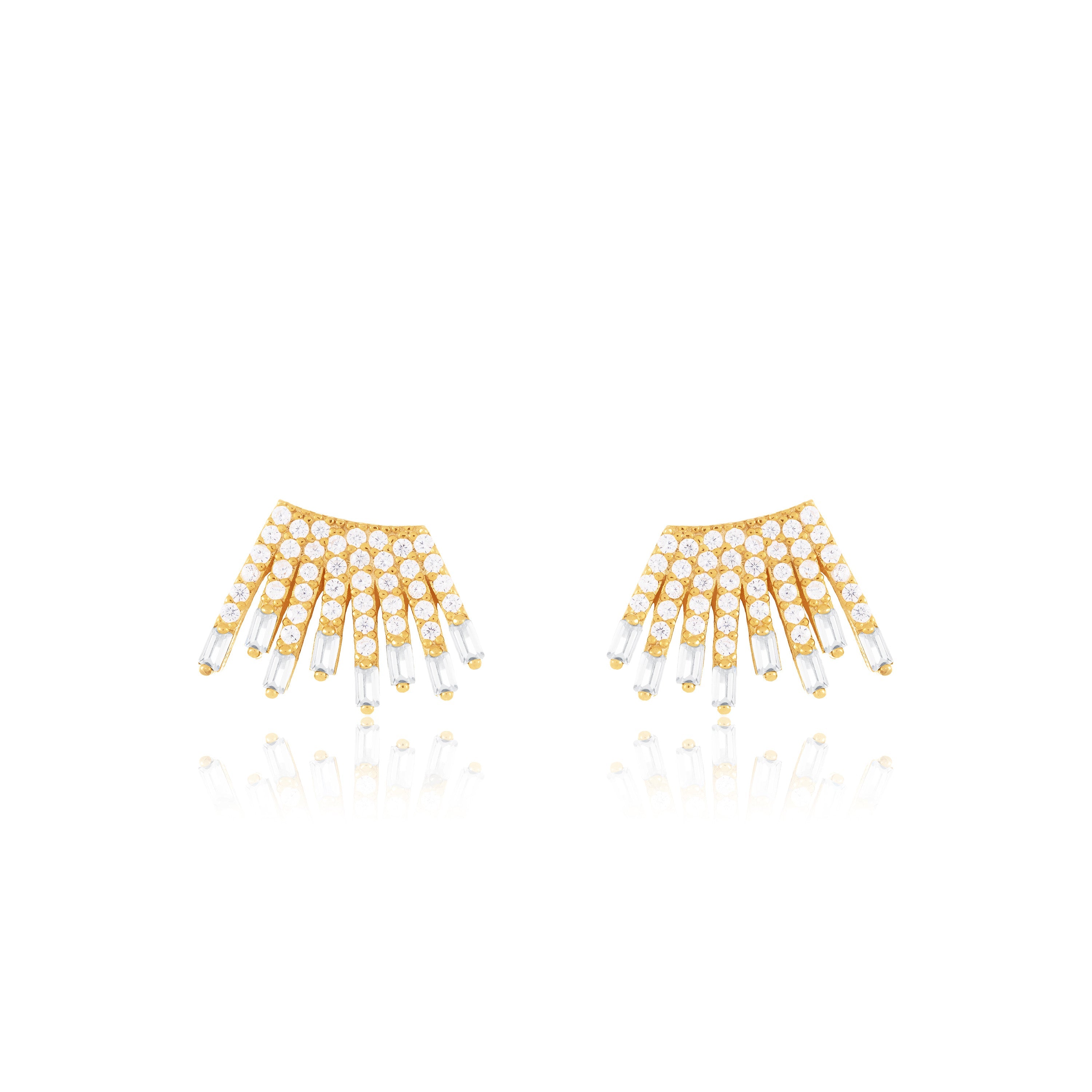 Cubic Zirconia Baguette Sun Rays Earrings - Gold White - Small