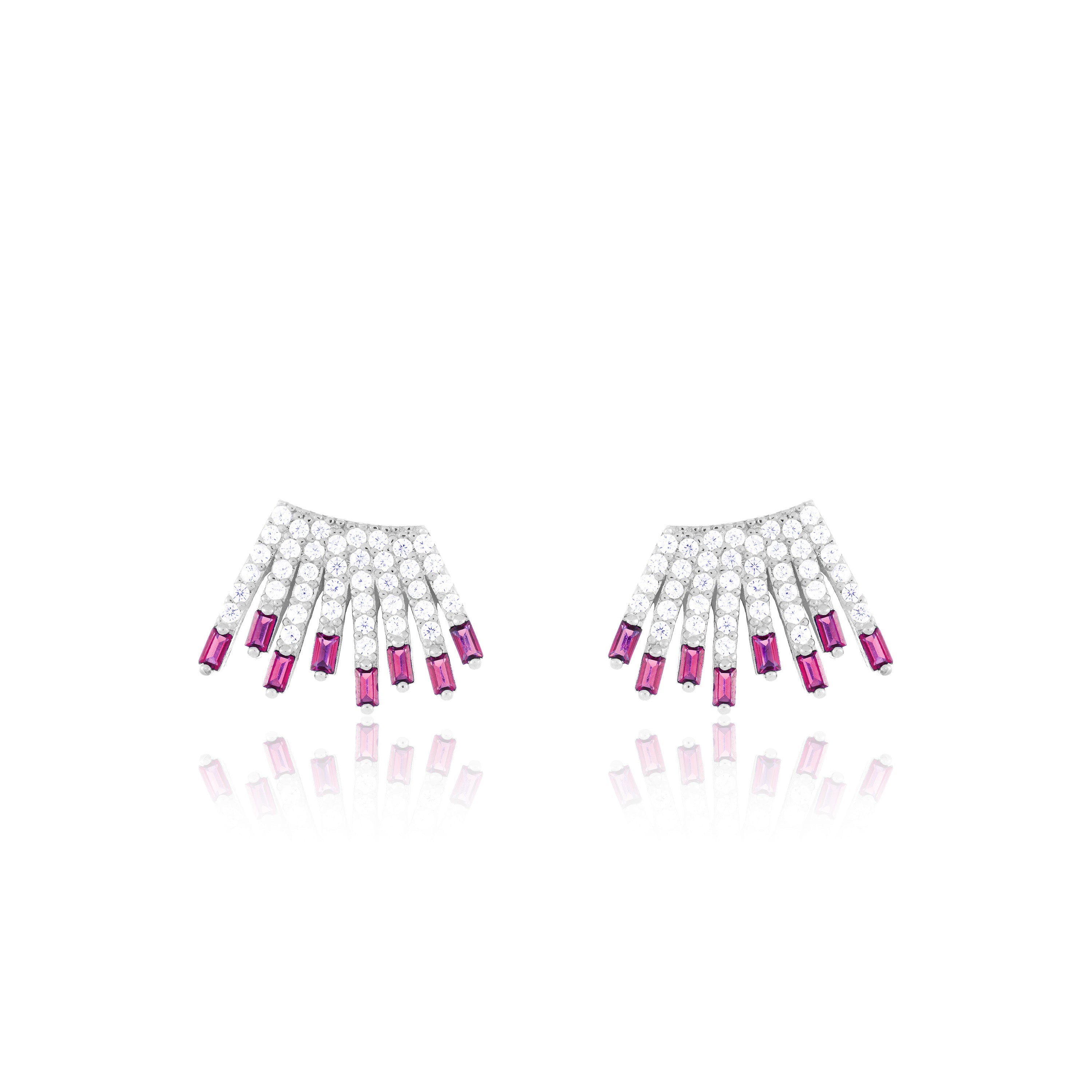 Cubic Zirconia Baguette Sun Rays Earrings - Silver Fuchsia And White - Small