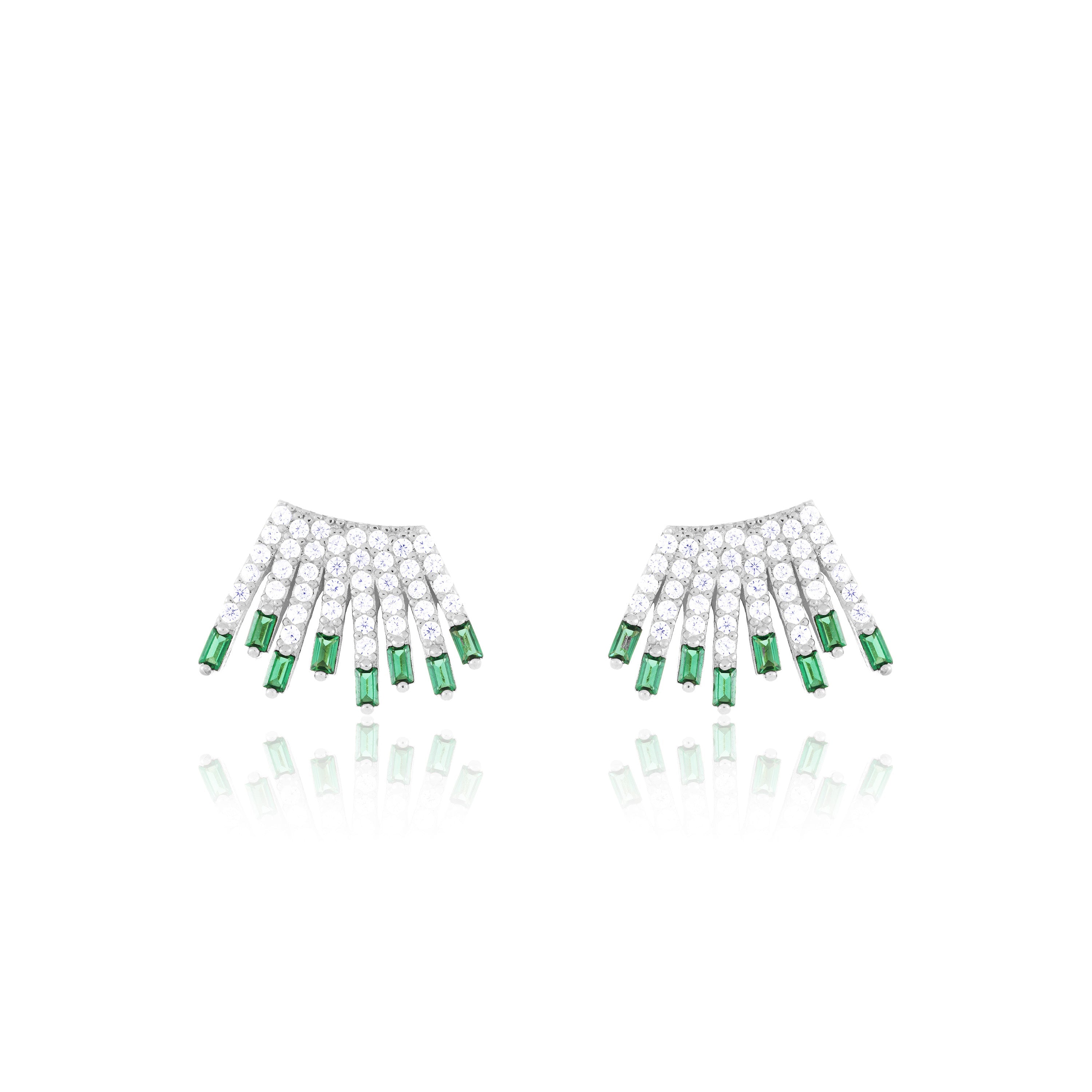 Cubic Zirconia Baguette Sun Rays Earrings - Silver Green And White - Small
