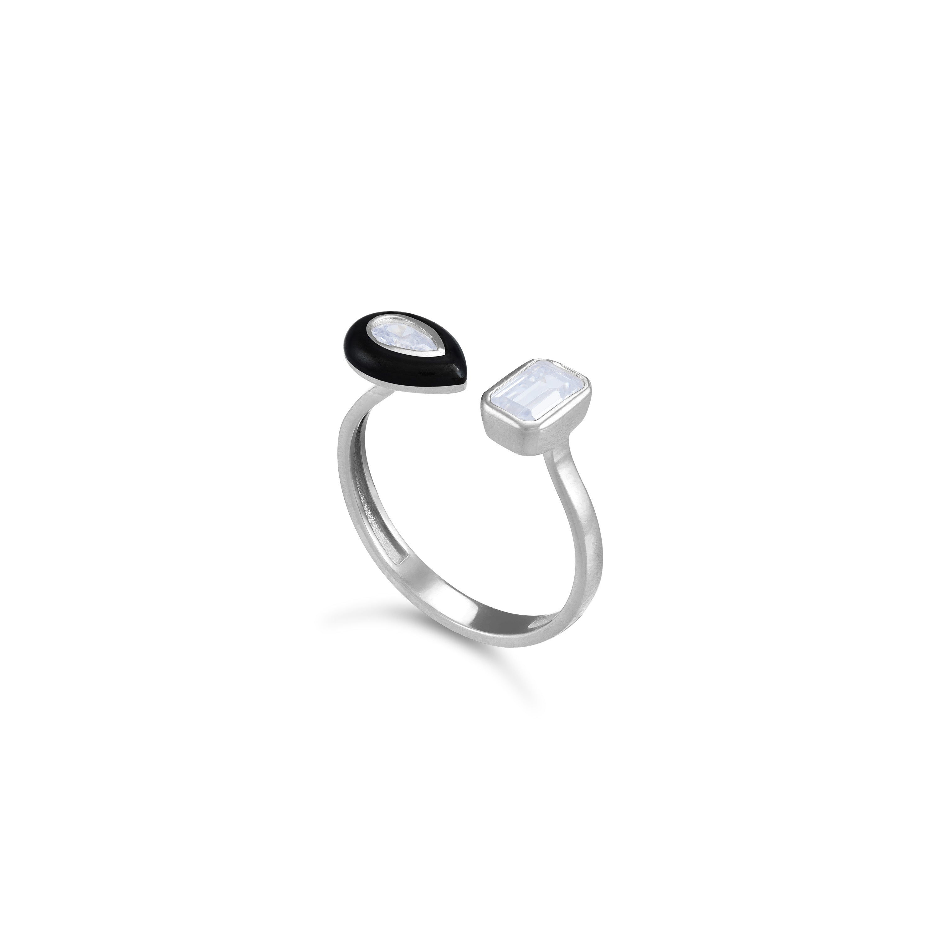 Cubic Zirconia Bezel Emerald Cut Enamel Teardrop Open Ring - Silver Black