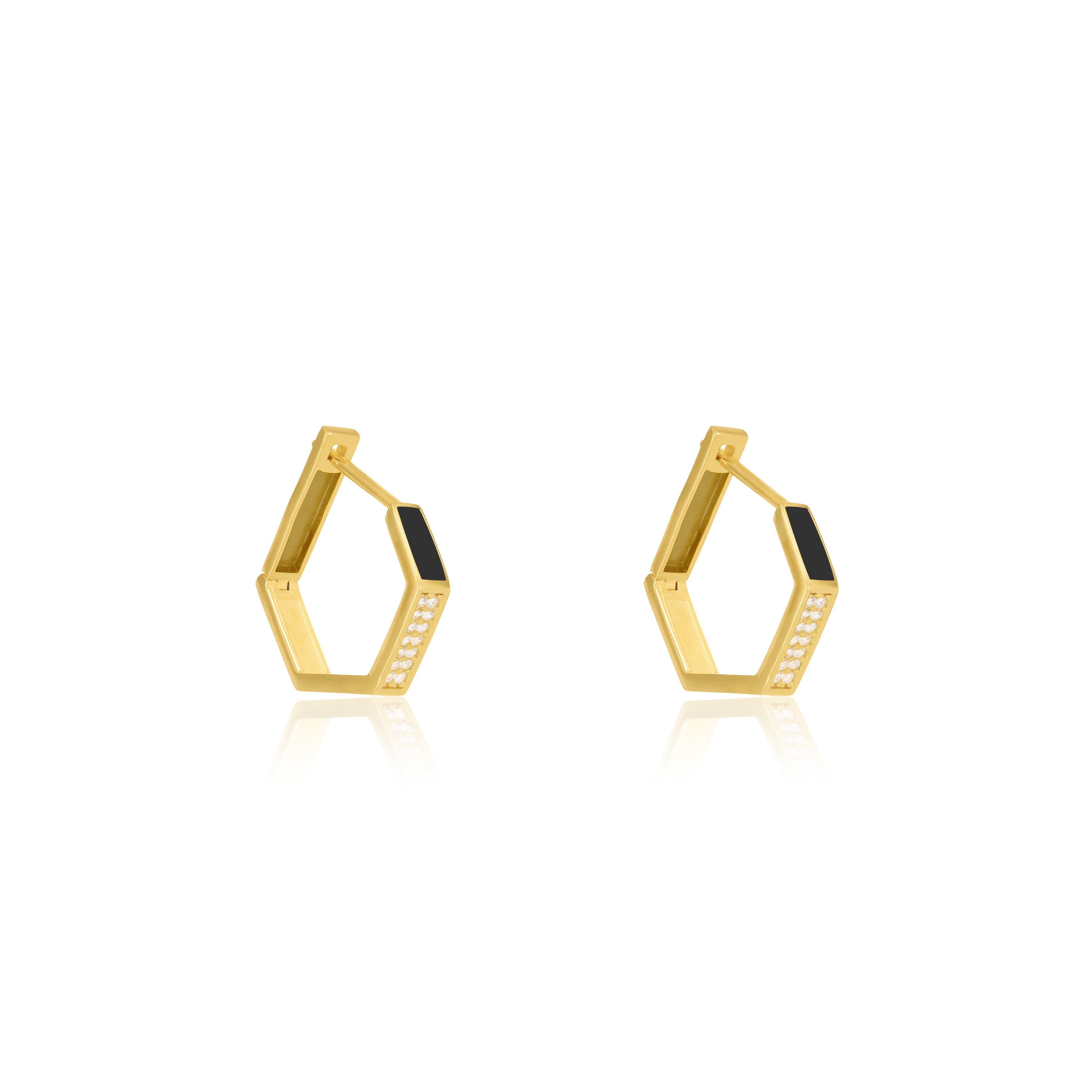 Cubic Zirconia Enamel Hexagon Shaped Hoop Earrings - Gold Black - Big