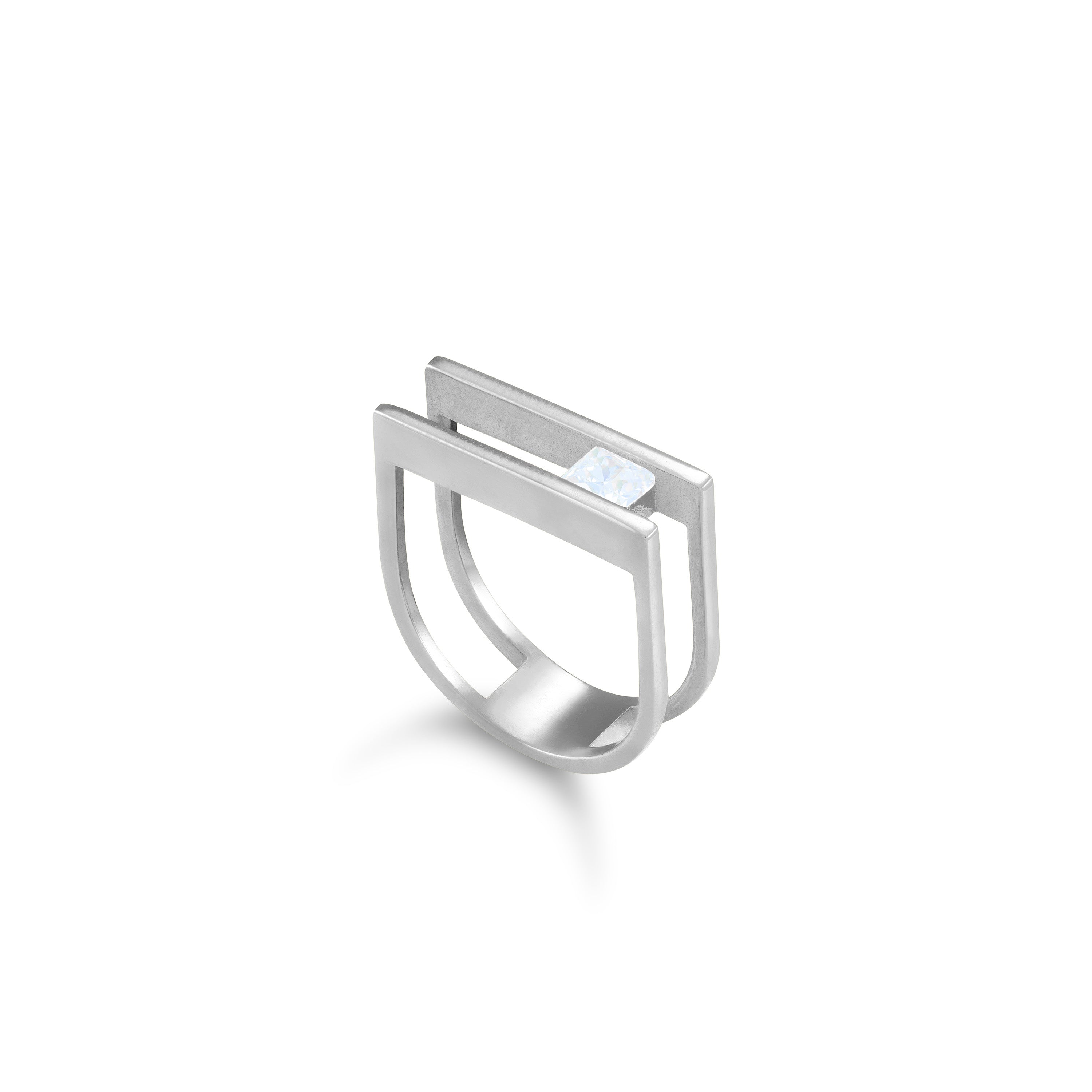 Cubic Zirconia Stone Double Bar Ring - Silver White - One Square Stone
