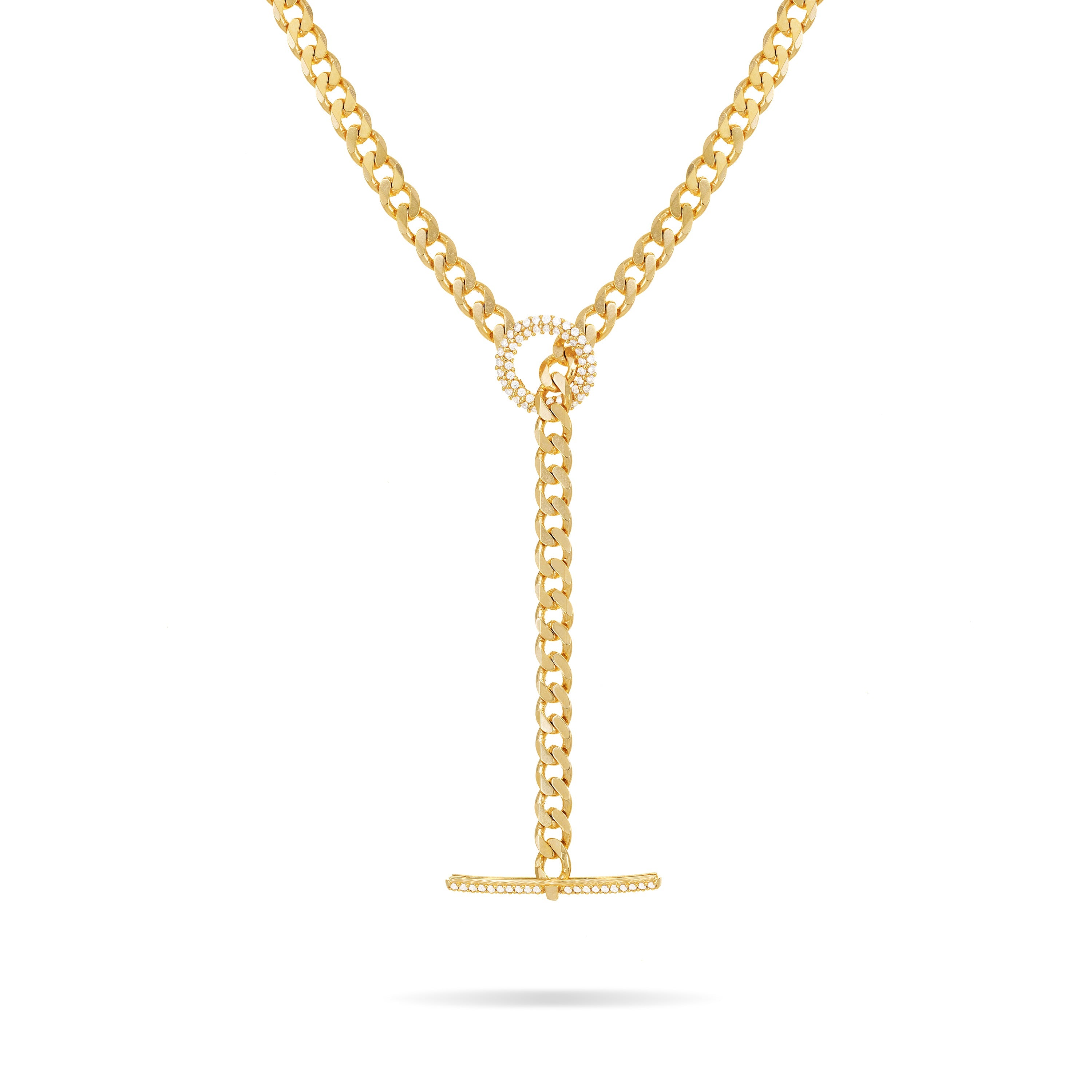 Cubic Zirconia T Bar Clasp Curb Chain Necklace - Gold White