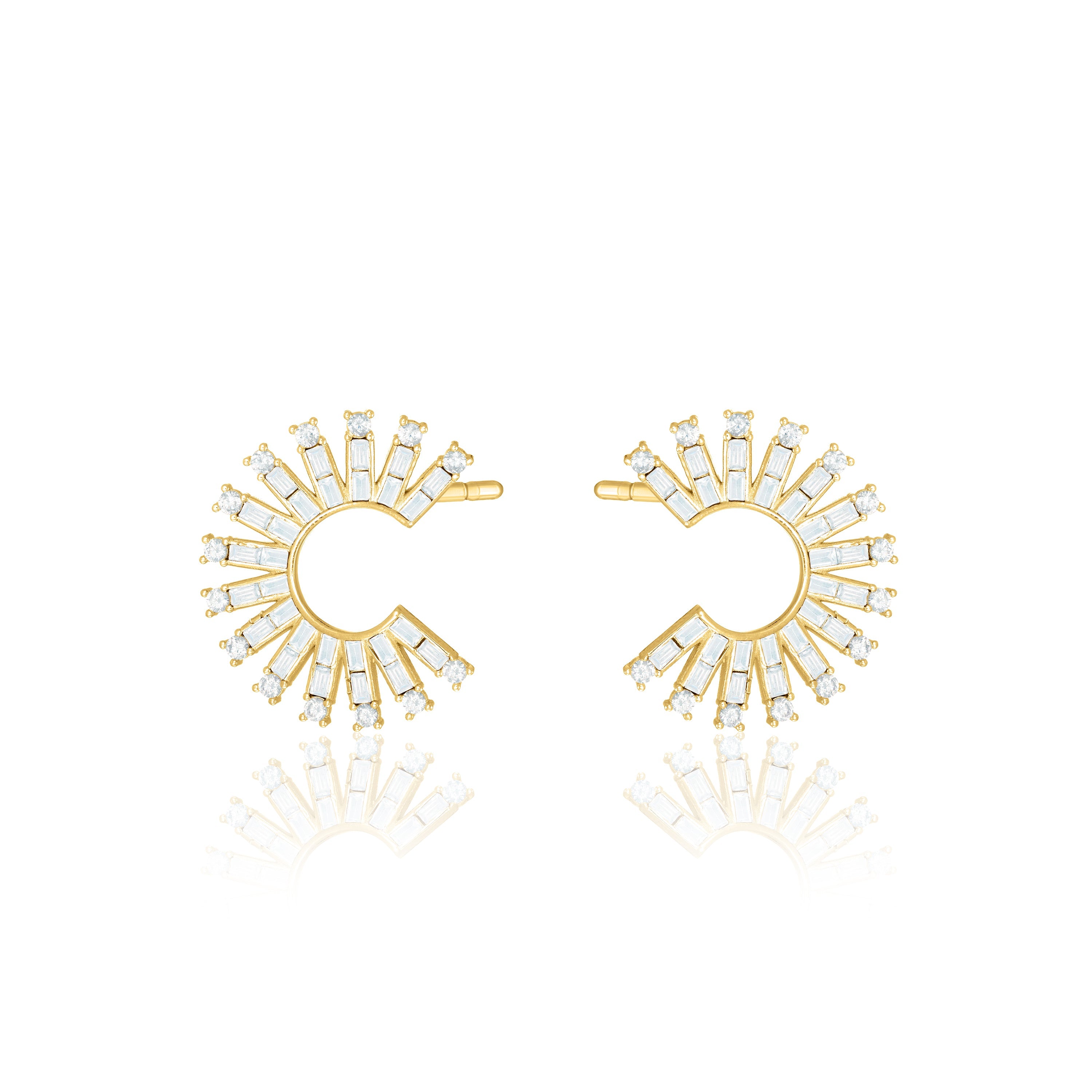 Cubic Zirconia Baguette Sun Rays C Shape Earrings - Gold White