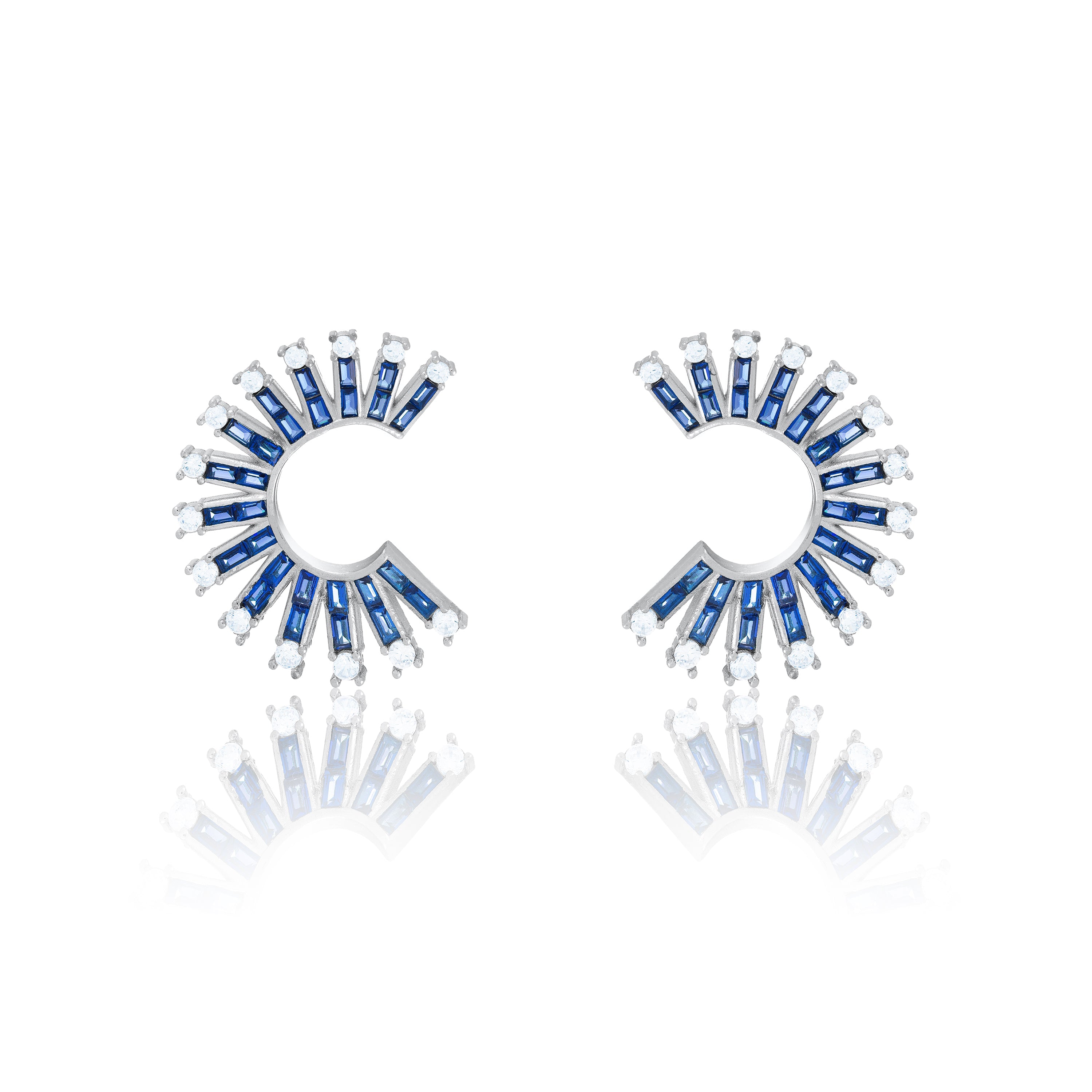 Cubic Zirconia Baguette Sun Rays C Shape Earrings - Silver Navy Blue And White