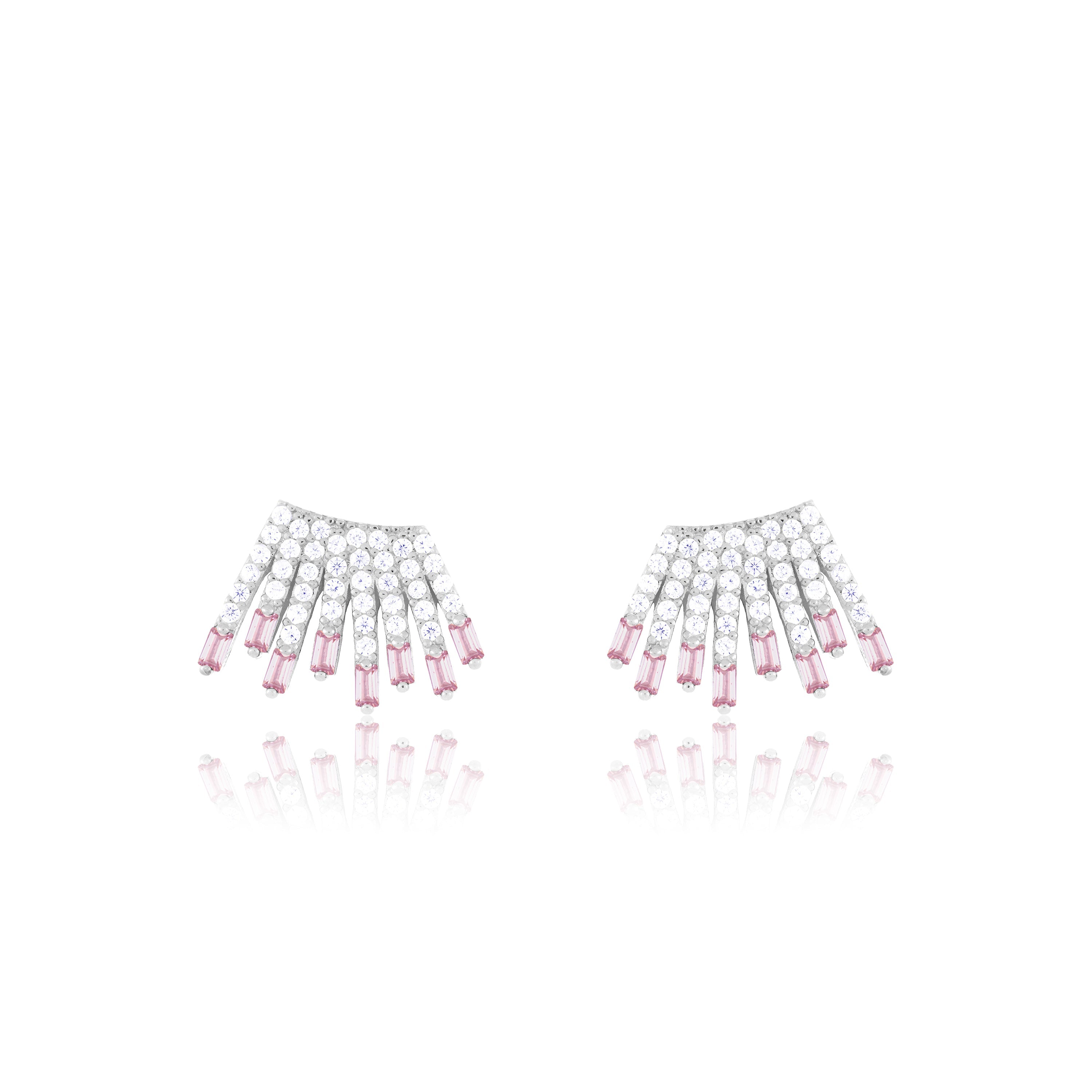 Cubic Zirconia Baguette Sun Rays Earrings - Silver Light Pink And White -  Small