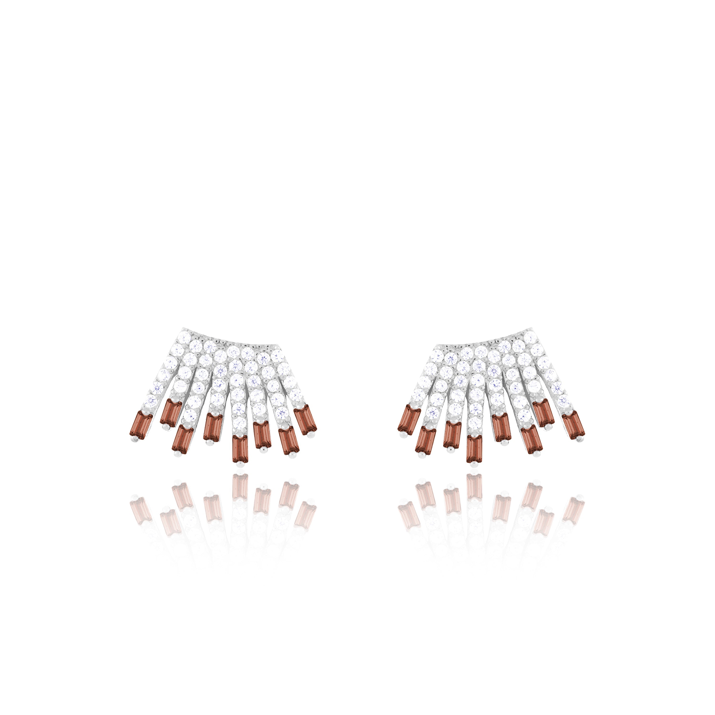 Cubic Zirconia Baguette Sun Rays Earrings - Silver Brown And White -  Small
