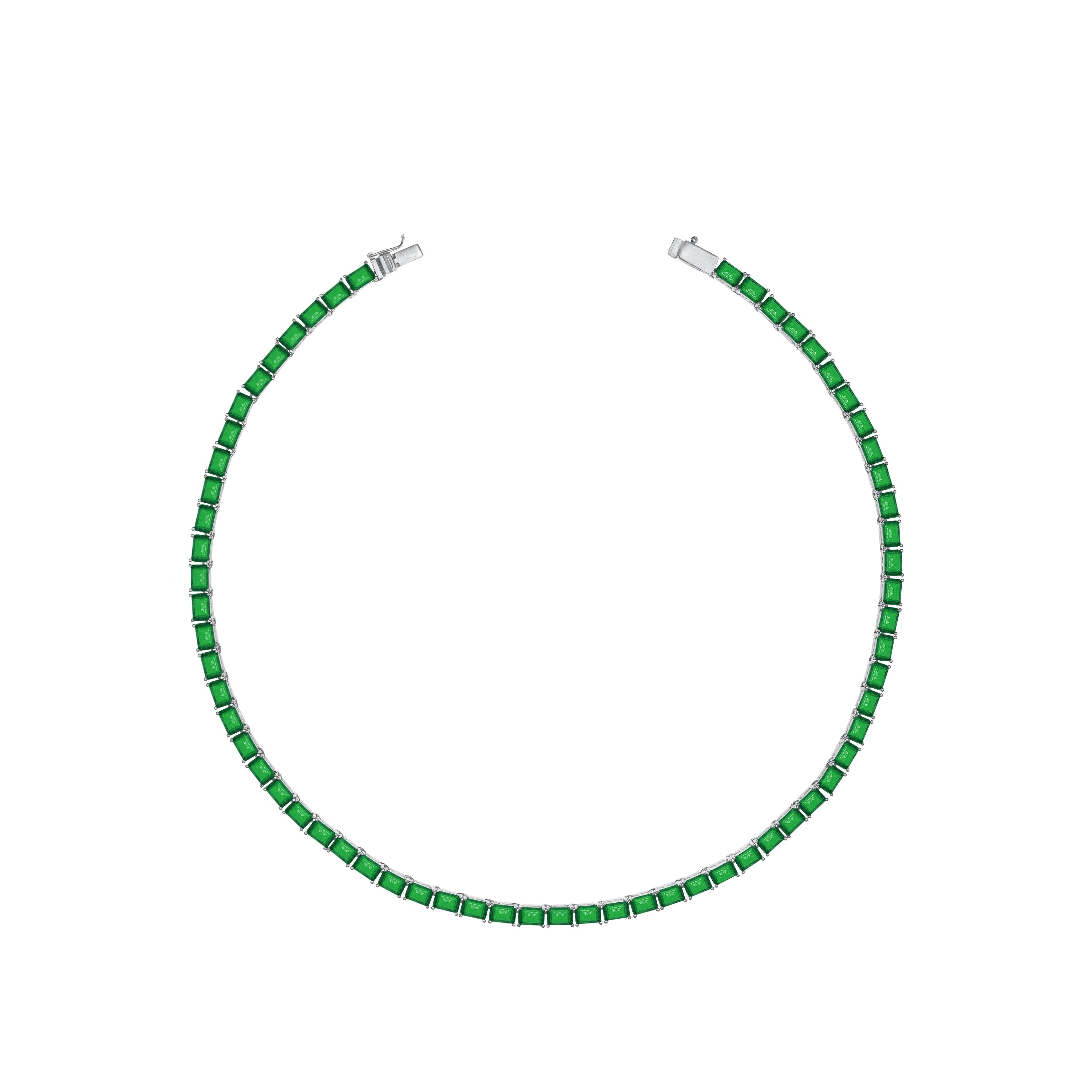 Cubic Zirconia Emerald Cut Tennis Necklace With Box Clasp - Silver Green Matt - 45CM