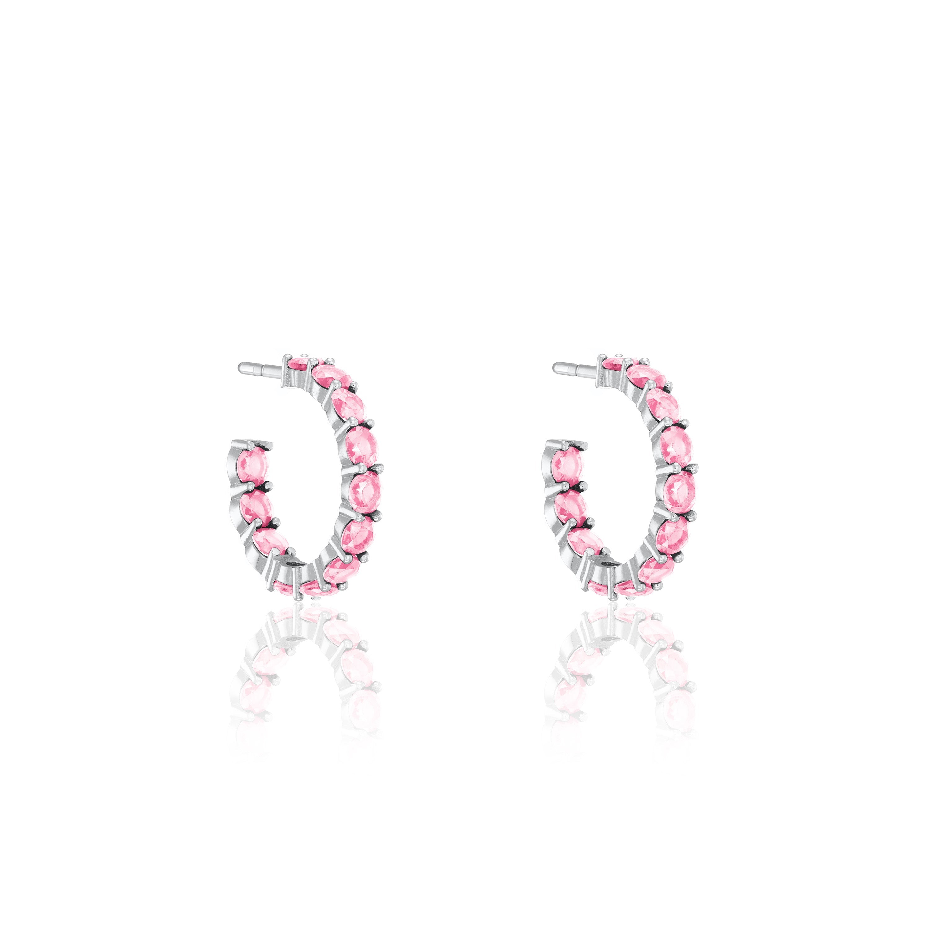 Cubic Zirconia Inside Out Semi Hoop Earrings - Silver Light Pink - Small