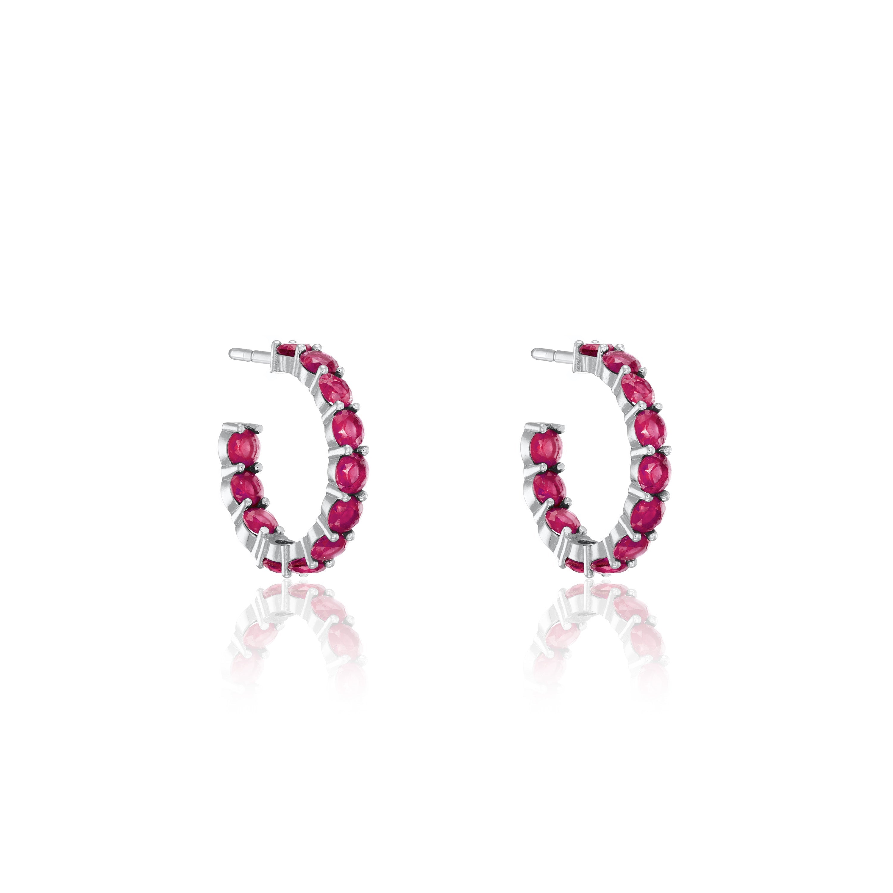 Cubic Zirconia Inside Out Semi Hoop Earrings - Silver Ruby Matt - Small