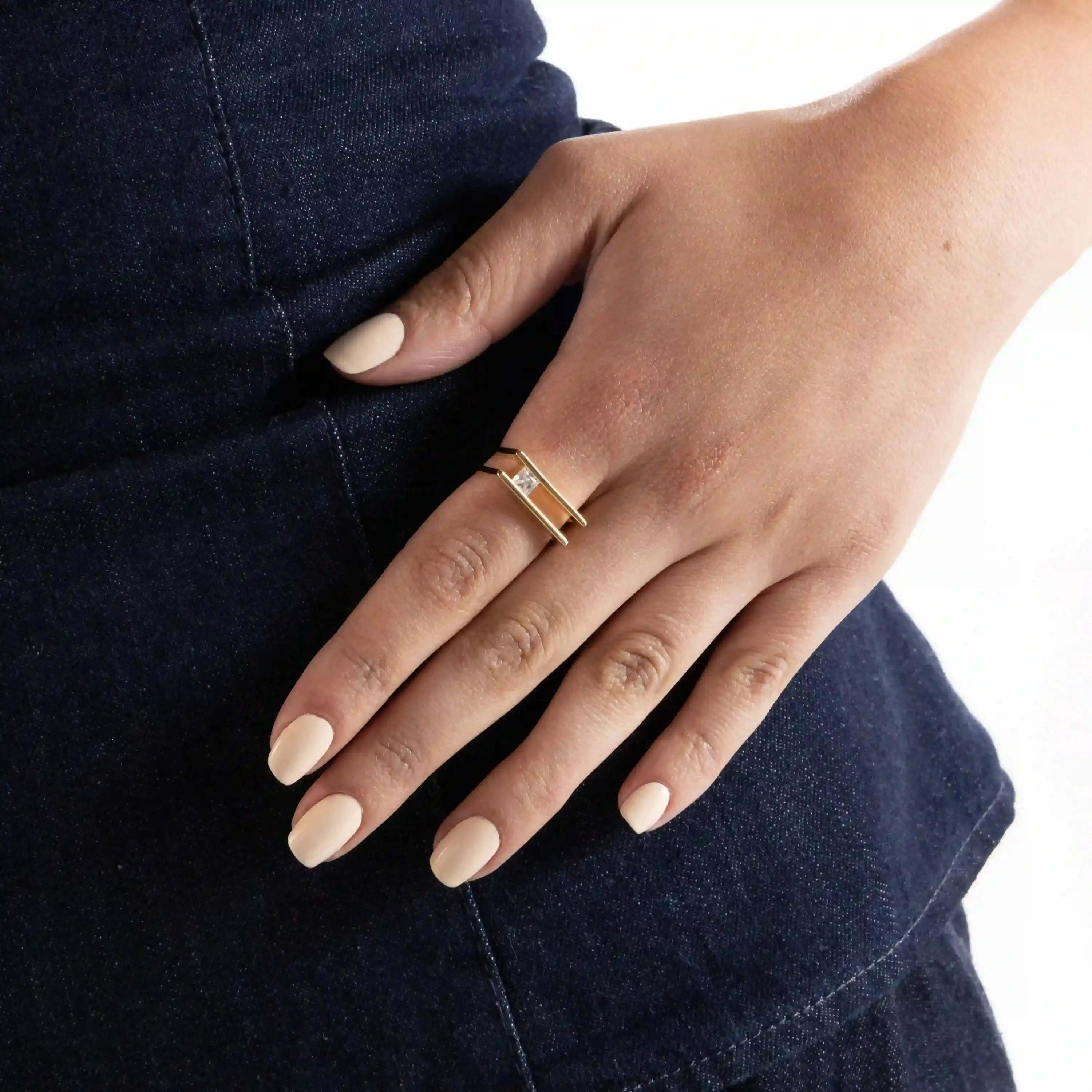 Cubic Zirconia Stone Double Bar Ring - Gold White - One Square Stone