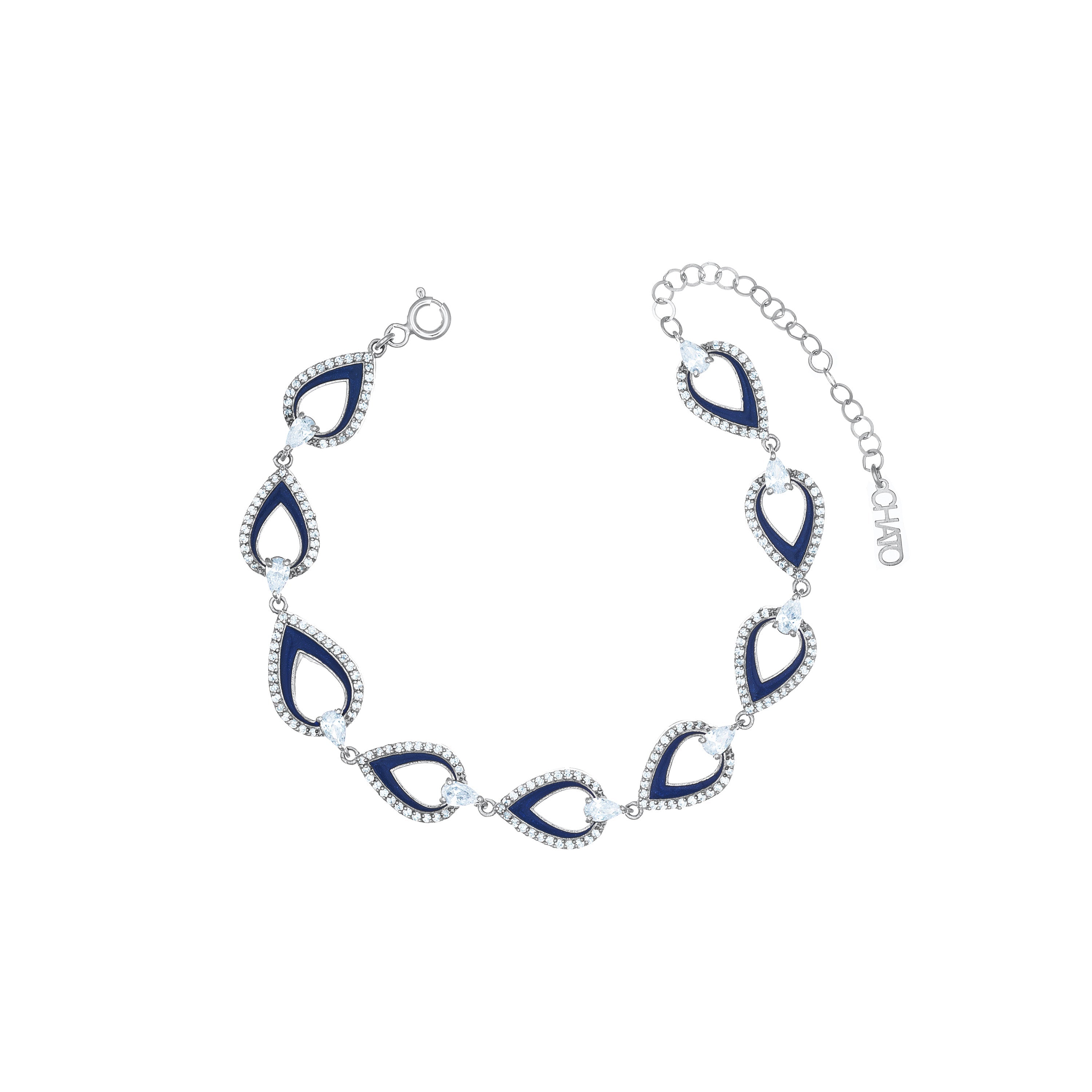 Cubic Zirconia Teardrop Pear Cut Shaped Enamel Bracelet -  Silver Navy Blue