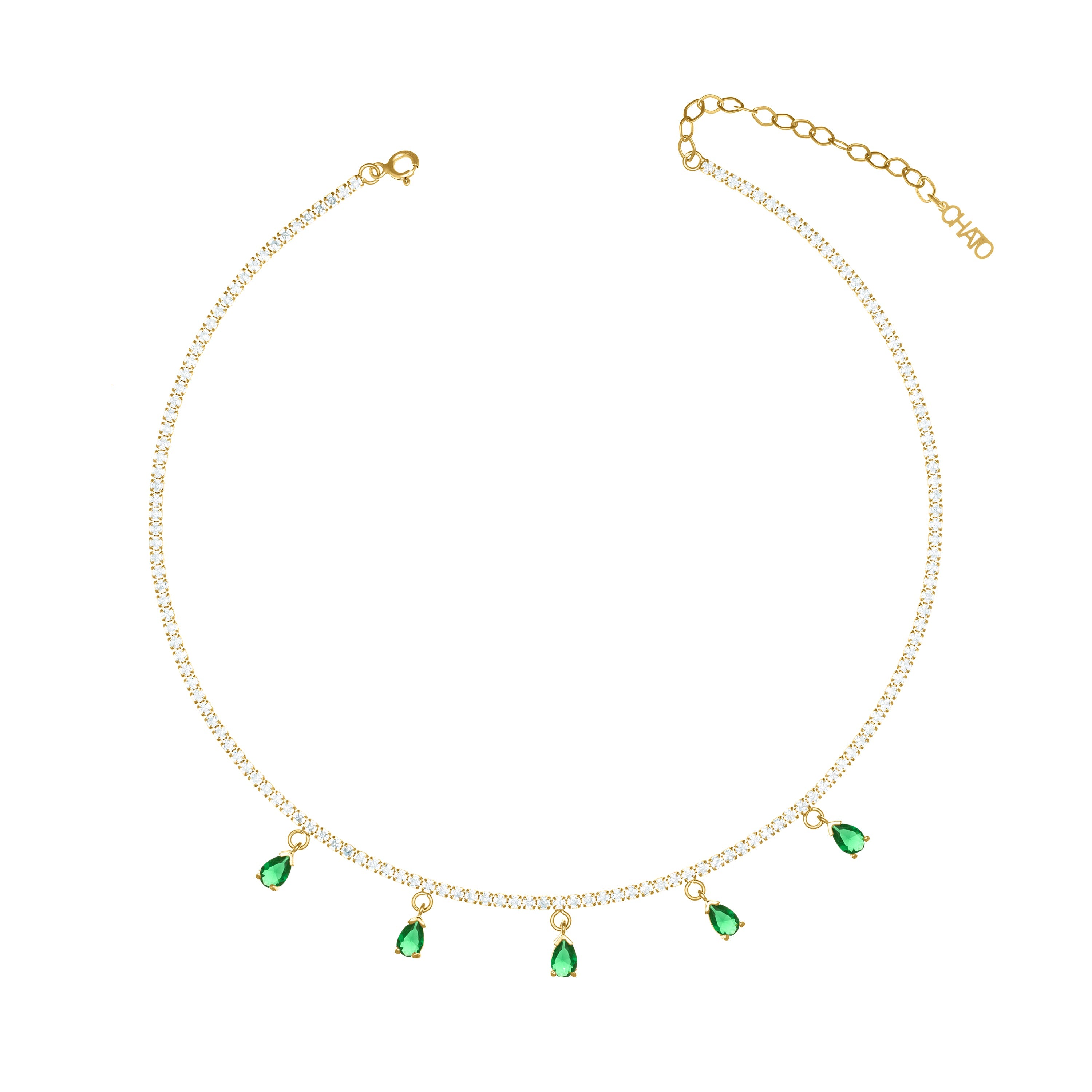 Dangling Multi Teardrop Tennis Choker - Gold Green And White