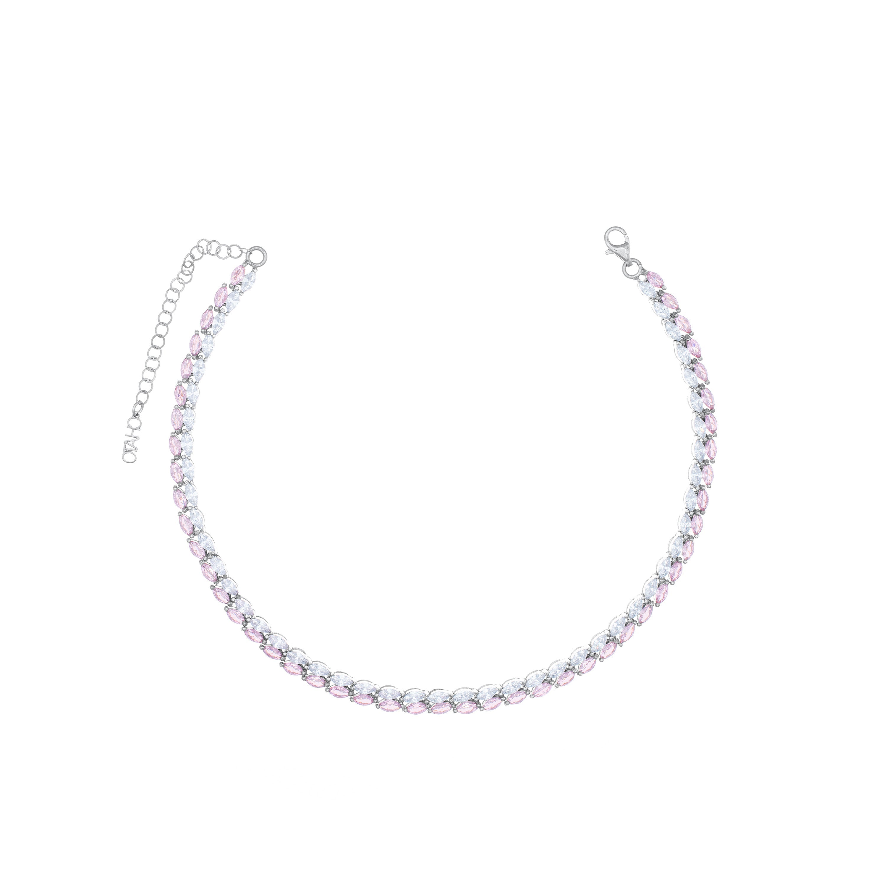 Double Marquise Line Tennis Choker - Silver Light Pink