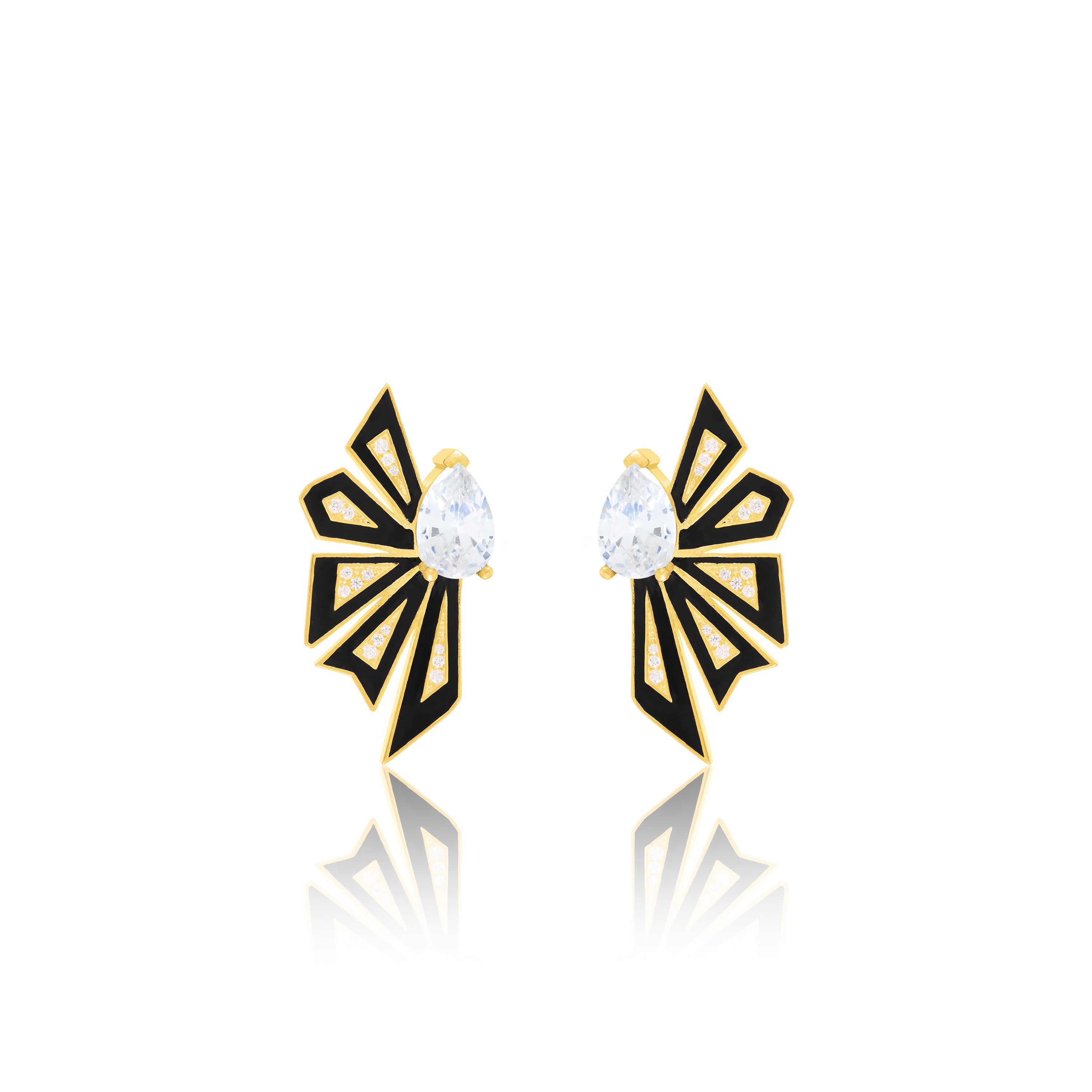 Enamel Half Flower With One Big Teardrop Earrings - Gold White