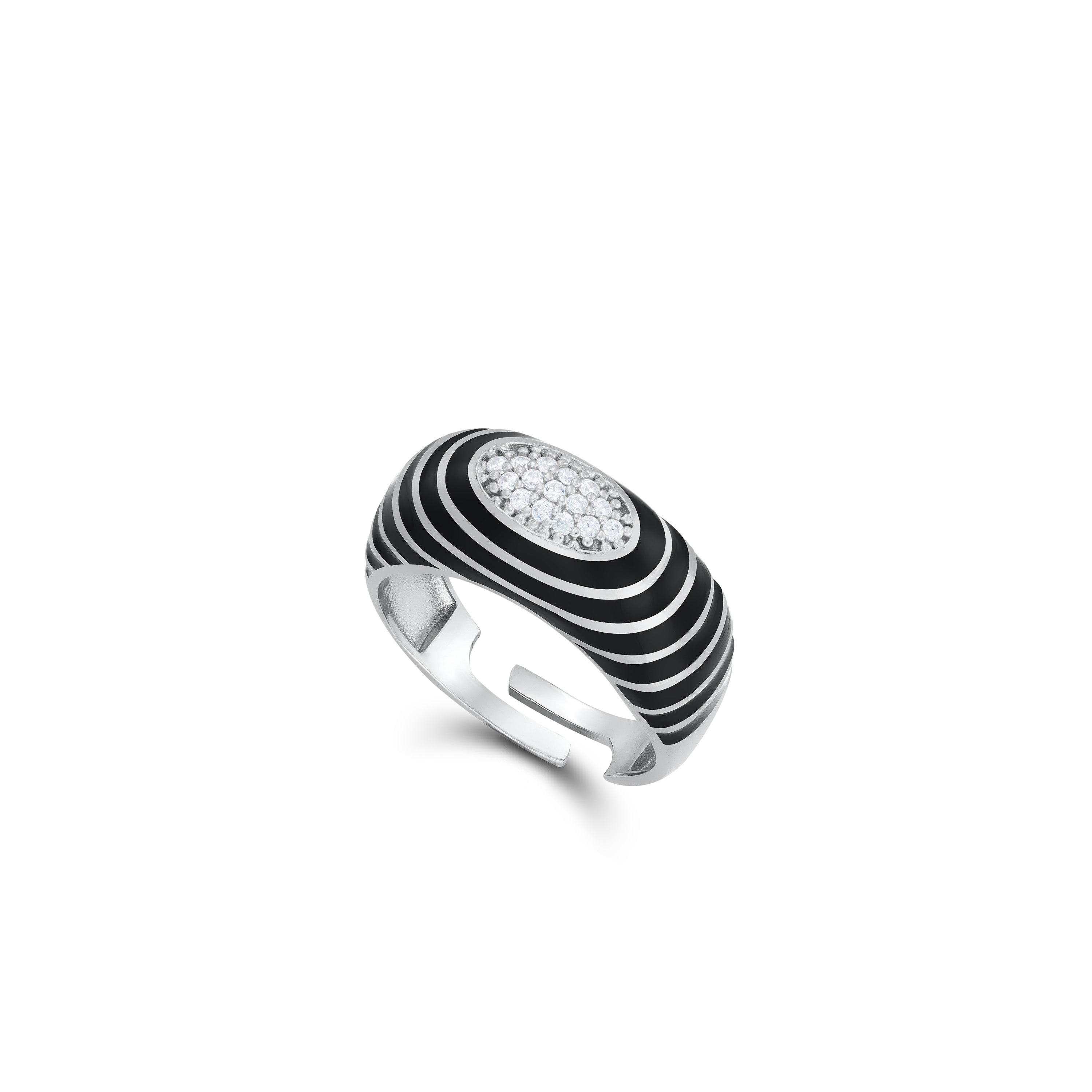 Enamel Round  Honeycomb Cubic Zirconia Ring - Silver Black