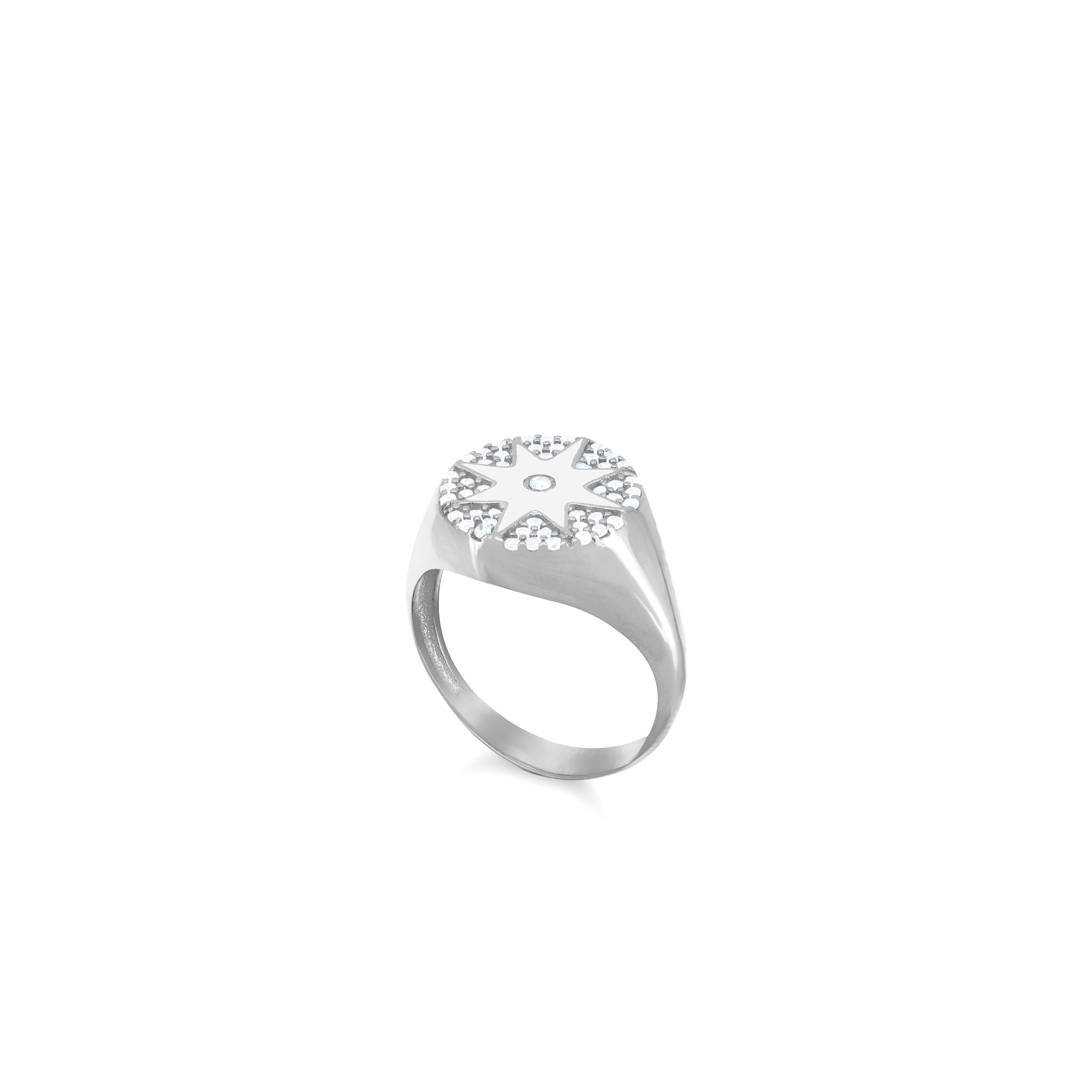 Enamel Starburst Cubic Zirconia Pinky Ring - Silver White