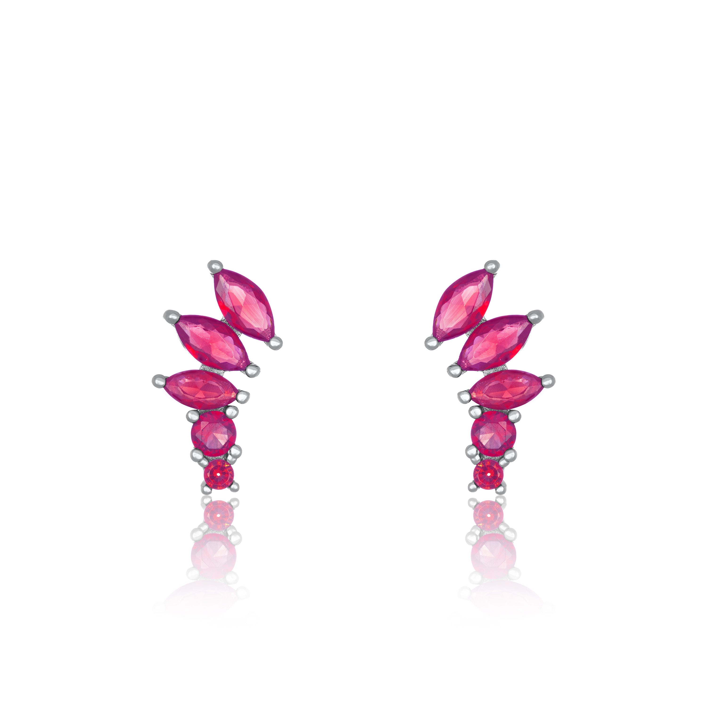 Graduated Marquise Shape Curved Stud Earrings - Silver Fuchsia