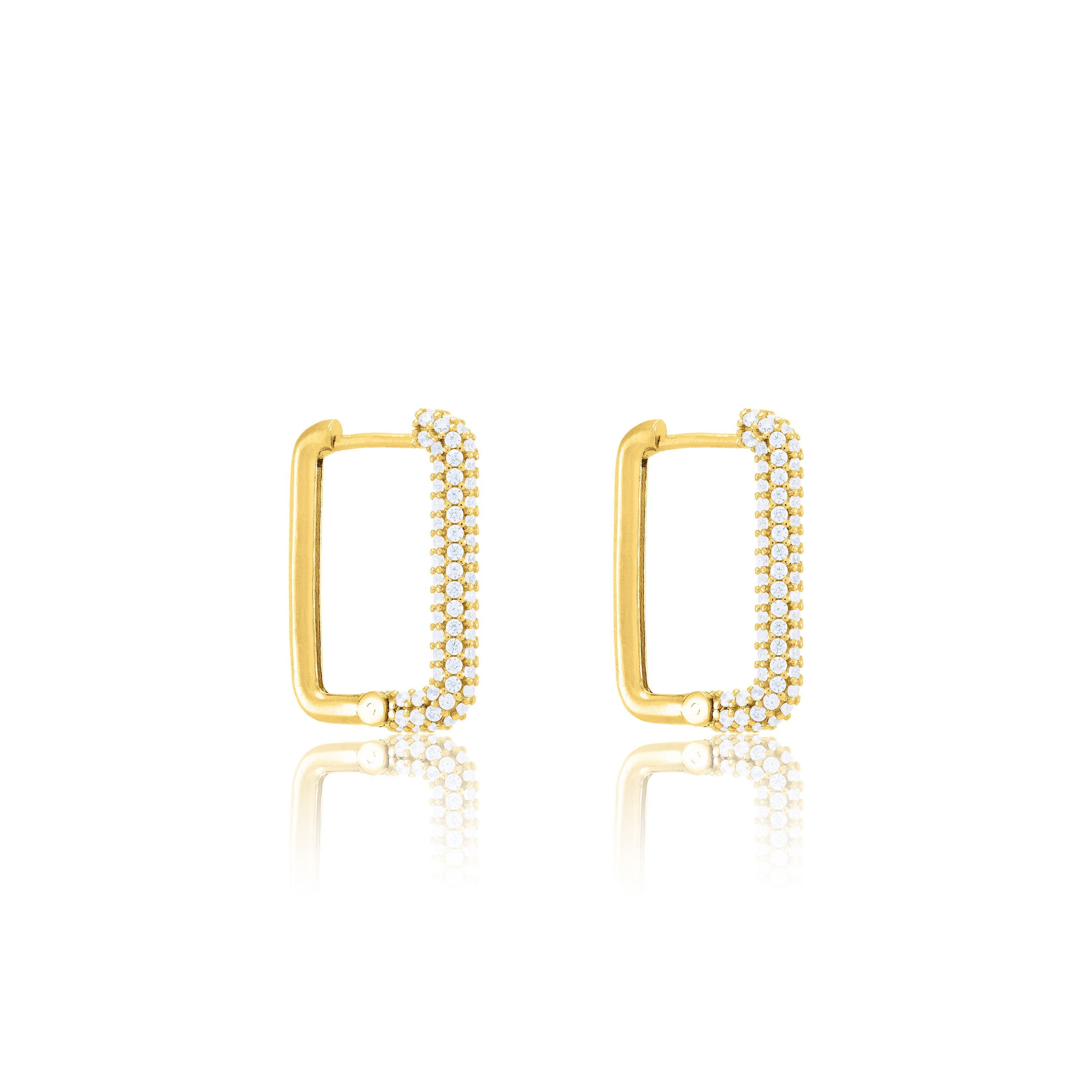 Half Pave Rectangular Hoop Earrings - Gold White - Full Pave