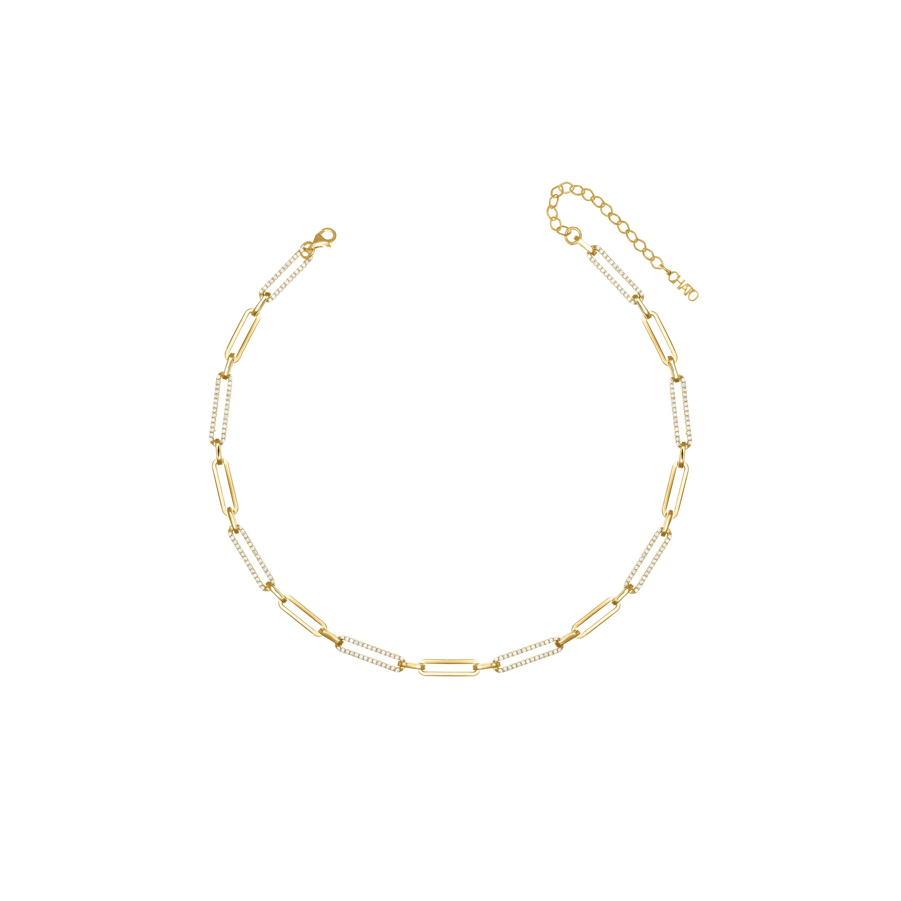 Half Cubic Zirconia Pave Paperclip Chain Link Choker - Gold White